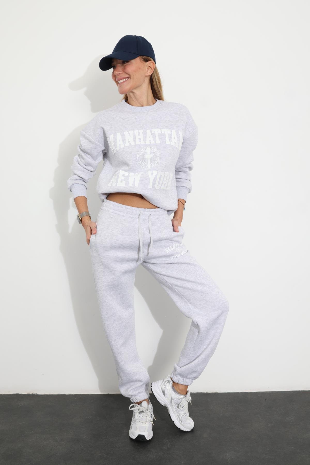 Gri Baskılı Sweatshirt Eşofman Takım 98313