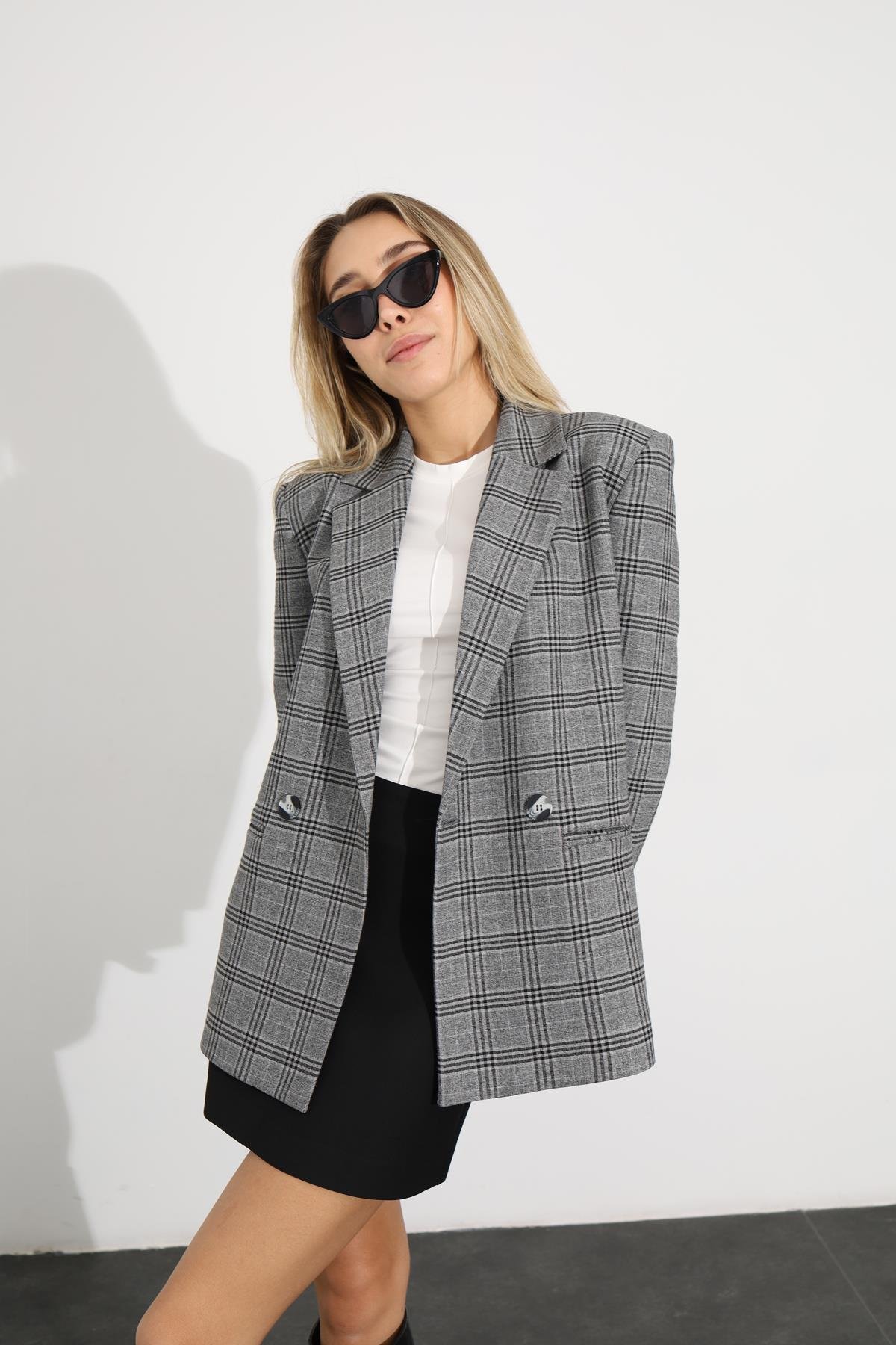 Gri Ekoseli Blazer Ceket 5157