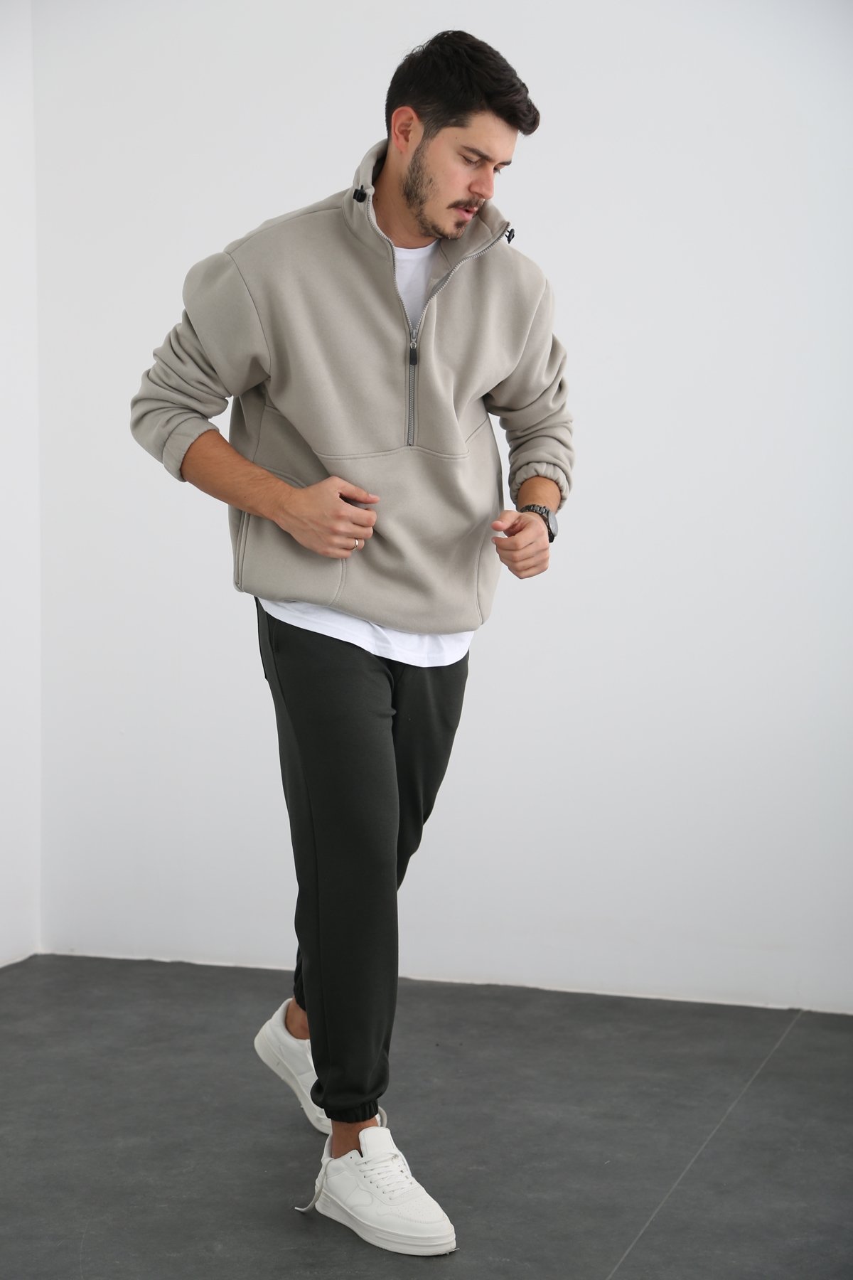 Gri Erkek Fermuarlı Şardonlu Sweatshirt K-296