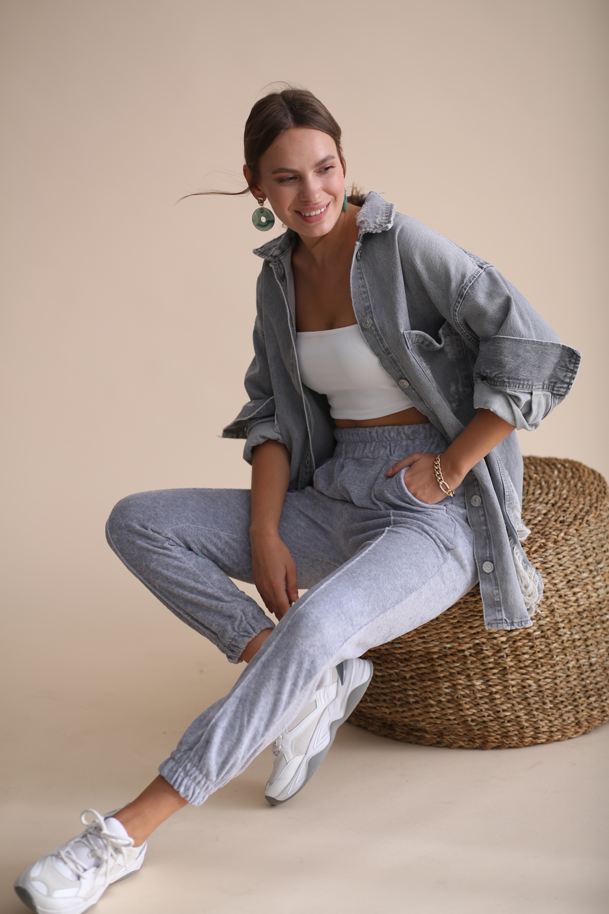Gri Havlu Kadife Jogger Pantolon 33026