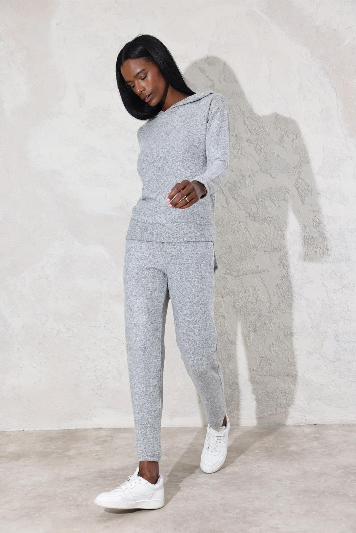 Gri Kapüşonlu Sweatshirt Eşofman Takım 
