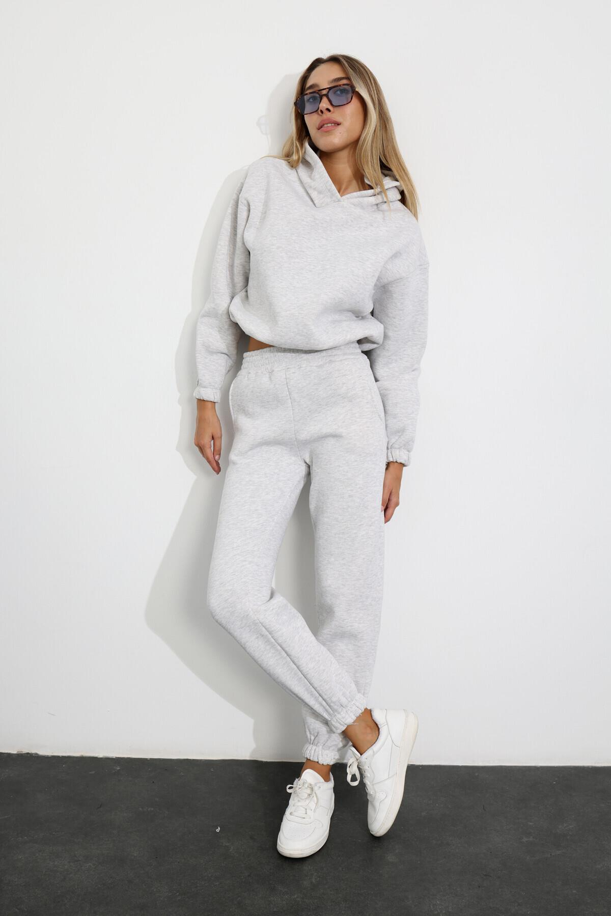 Gri Melanj Kapüşonlu Sweatshirt Eşofman Takım 04071