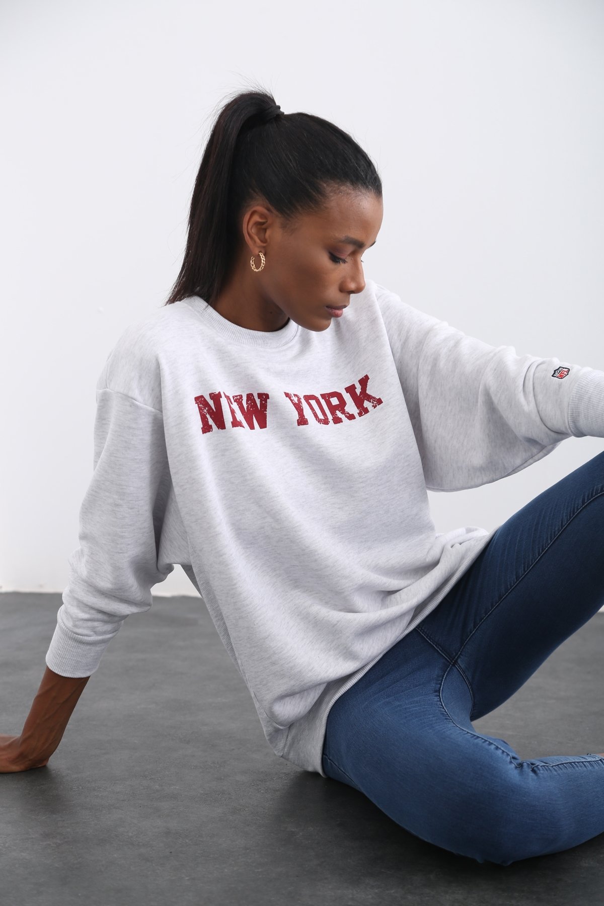 Gri New York Baskılı Sweatshirt 