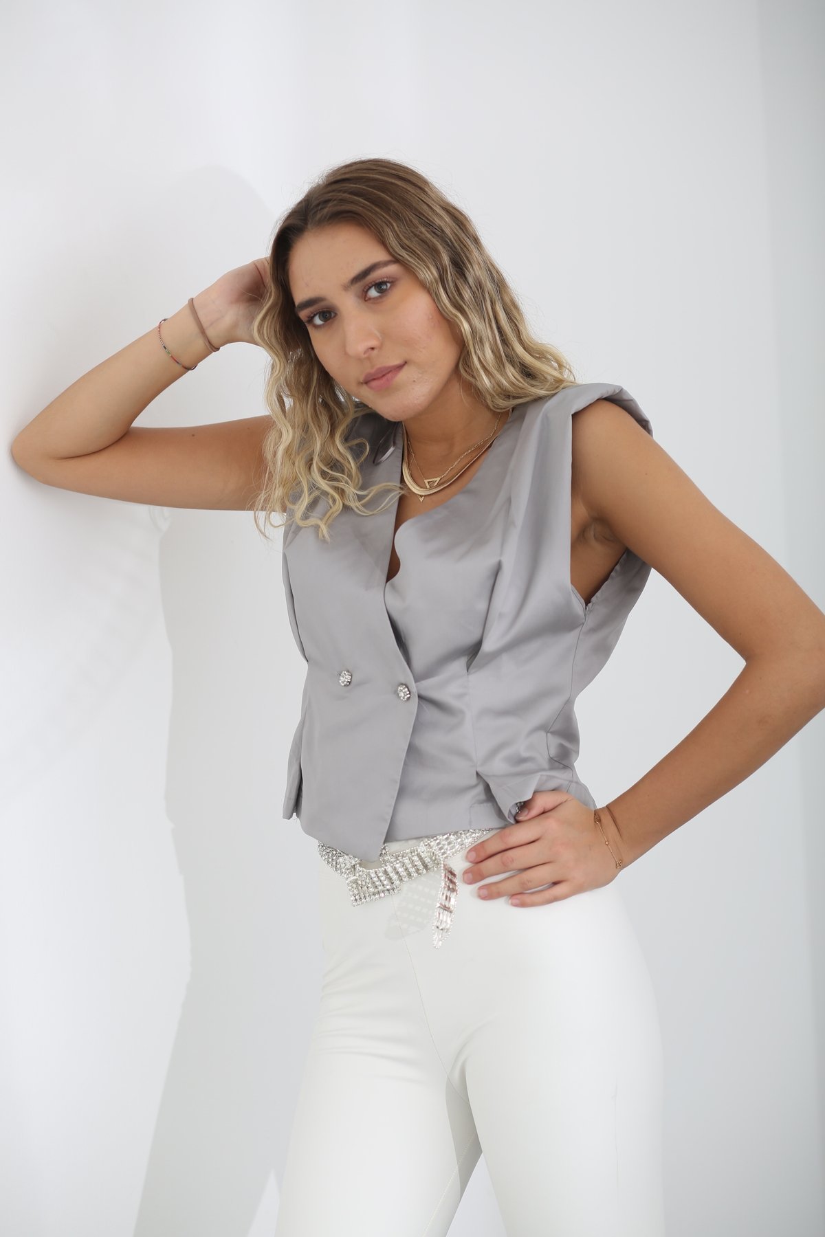 Gri Önü Taş Düğme Detaylı Bluz 3284
