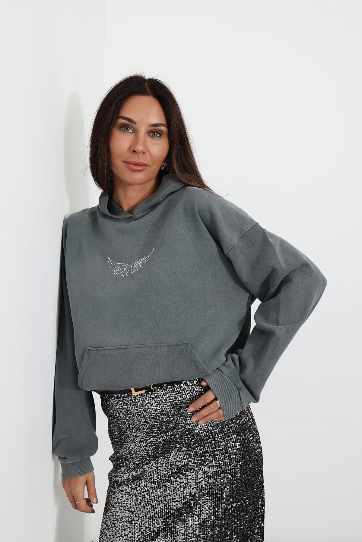 Gri Taş Baskılı Sweatshirt 82081