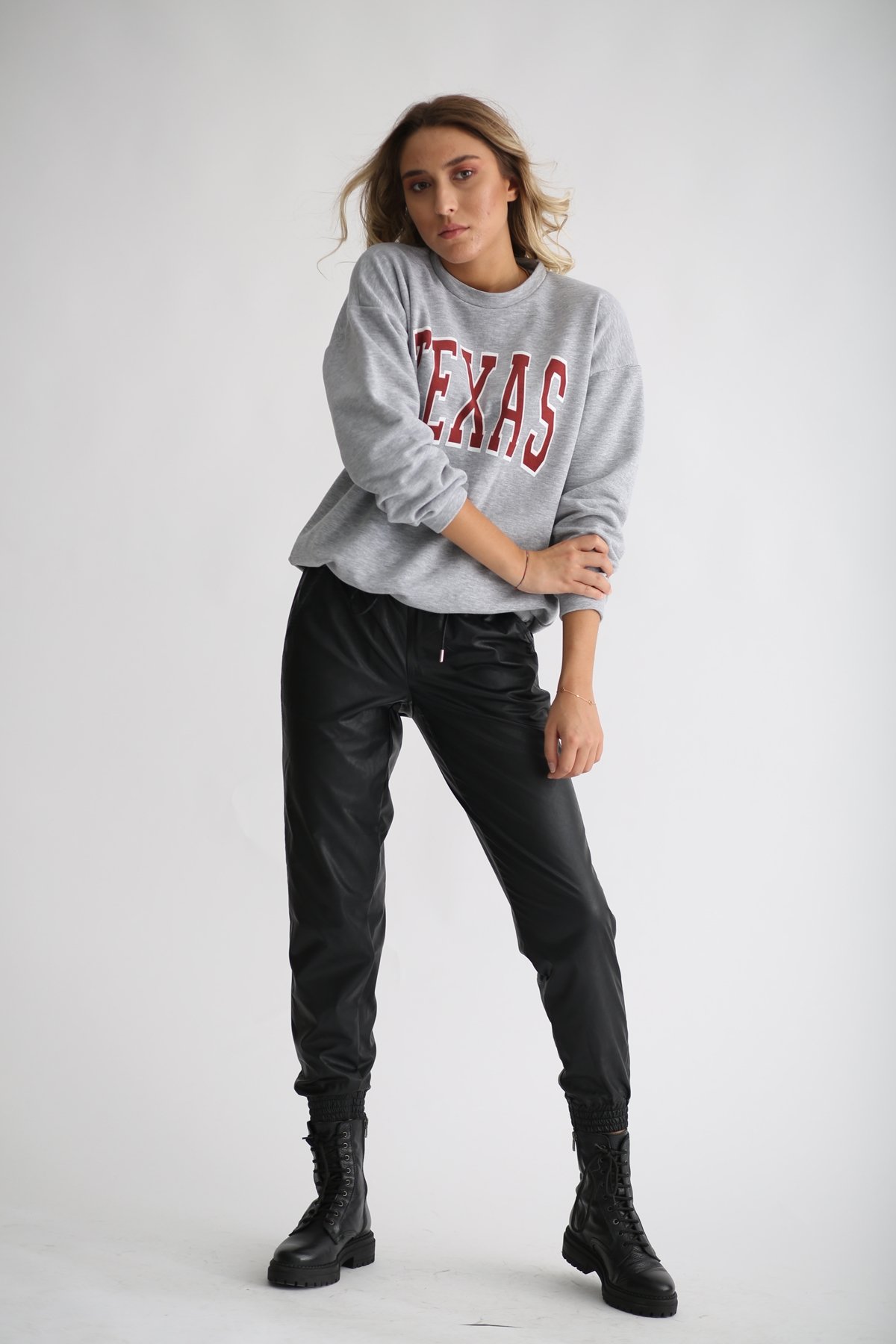 Gri Teksas Baskılı Basic Sweatshirt 6560