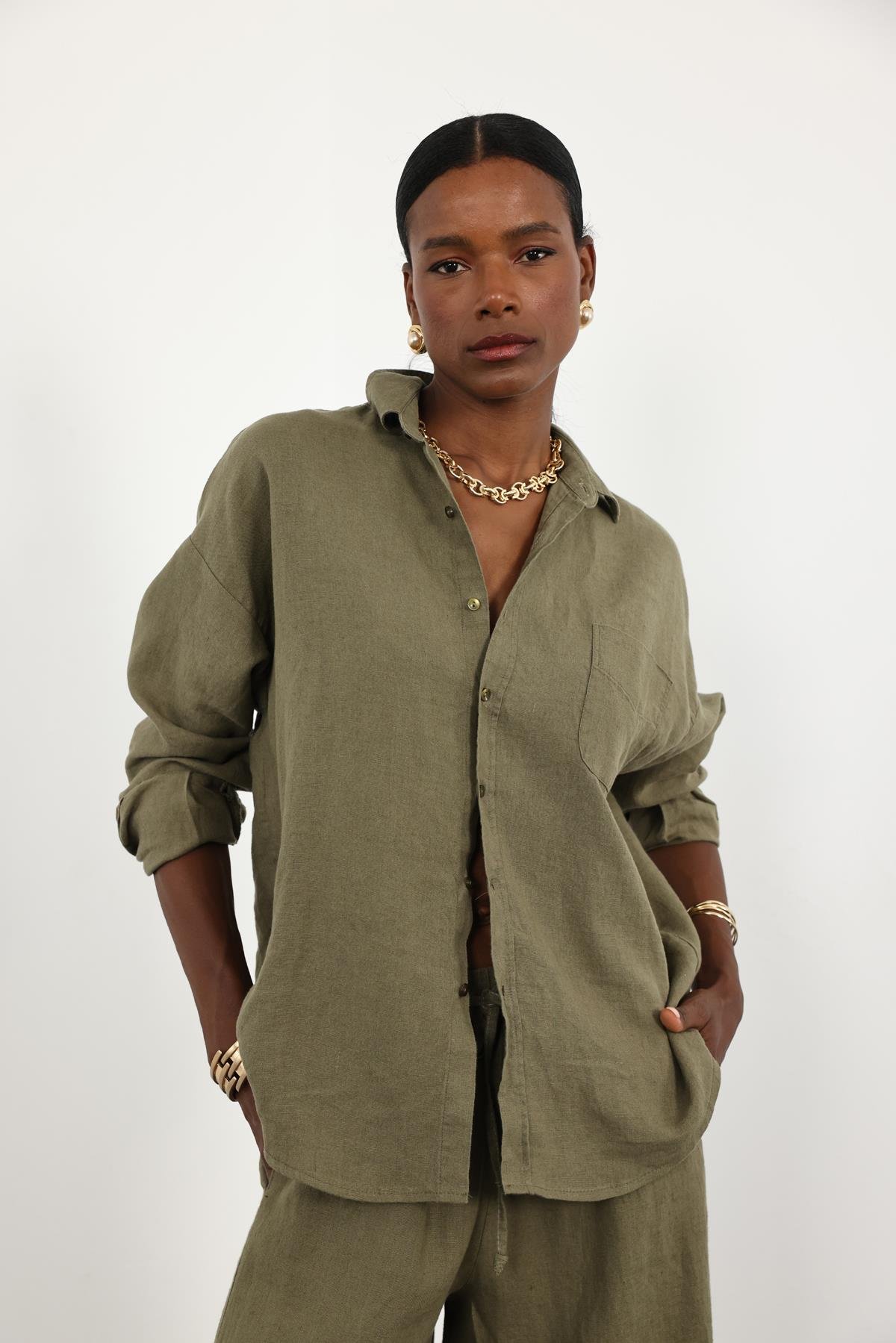 Haki %100 Keten Oversize Gömlek 