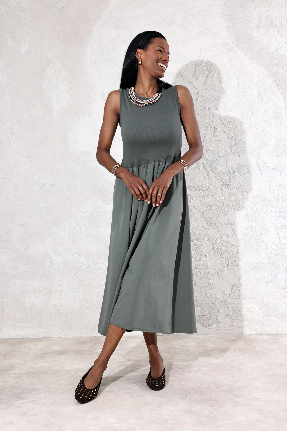 Haki Kontrast Dokulu Midi Elbise 1574