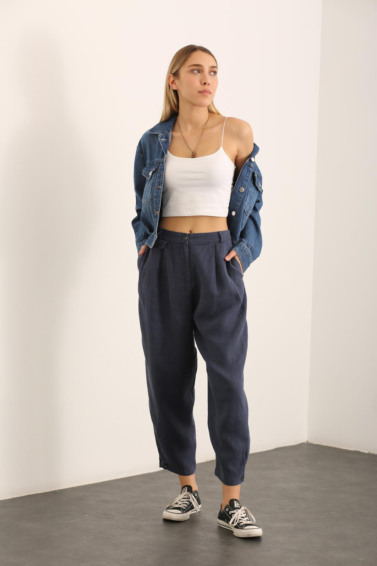 indigo Paçası Düğmeli Keten Pantolon 1465