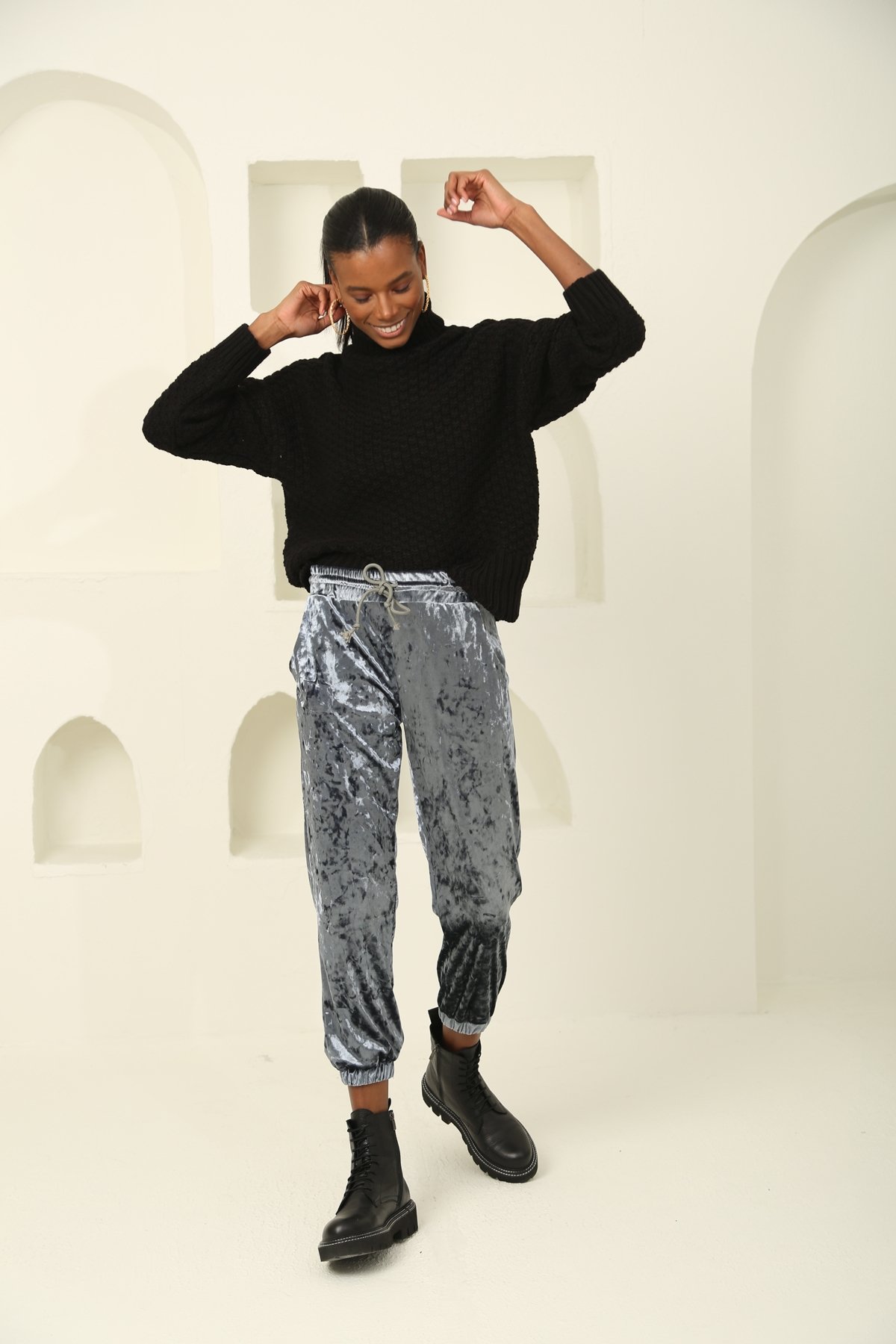indigo Parlak Kadife Jogger Eşofman 2148