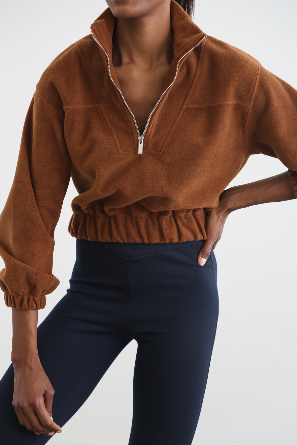 Kahverengi Fermuarlı Polar Sweatshirt 3406
