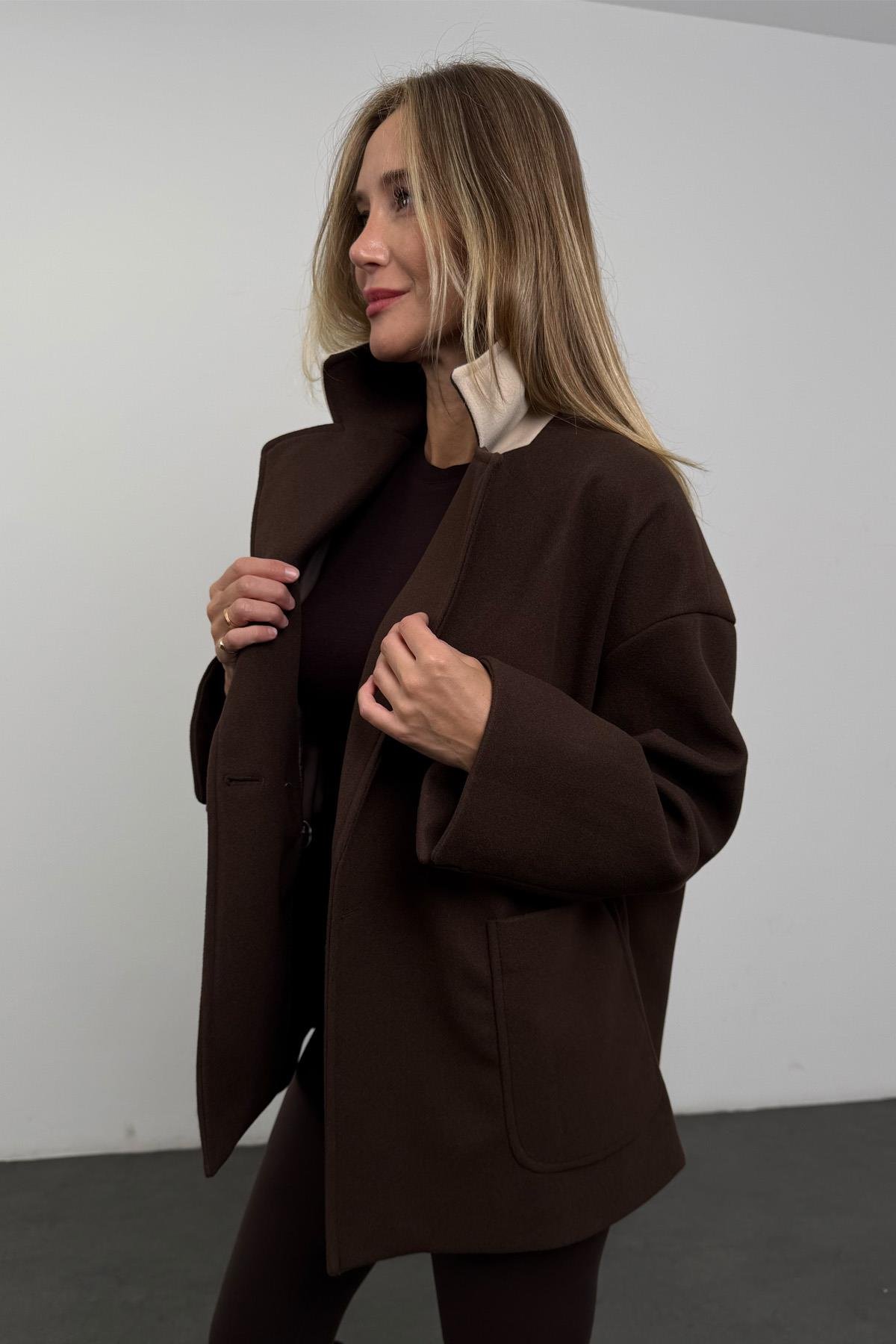 Kahverengi Oversize Kaşe Palto 
