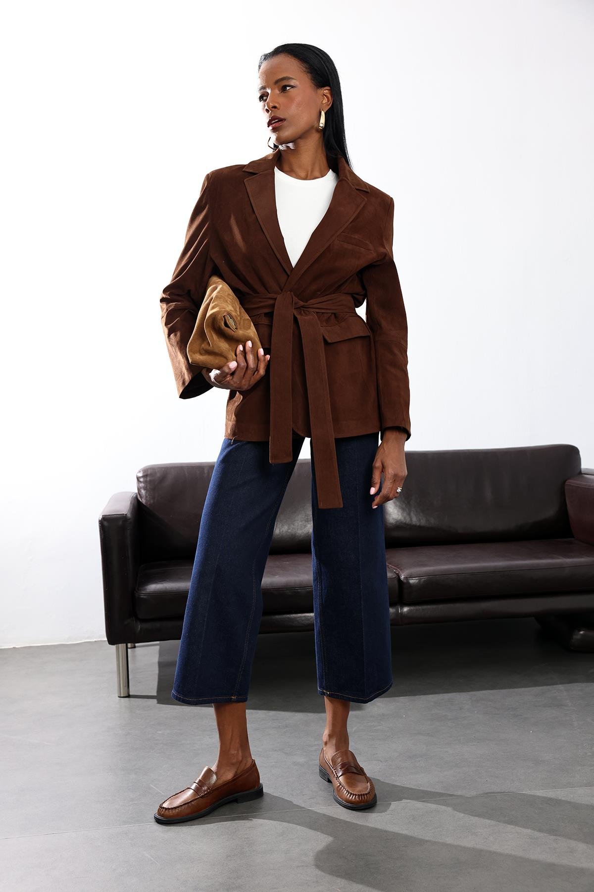 Kahverengi Süet Kemerli Ceket 0561