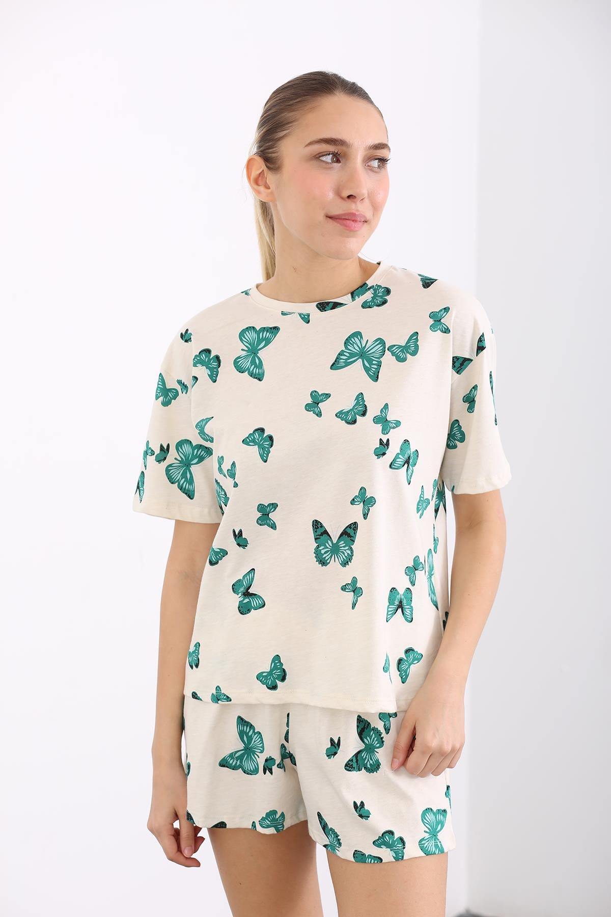 Kemik Kelebek Desenli Şortlu Pijama Takım 