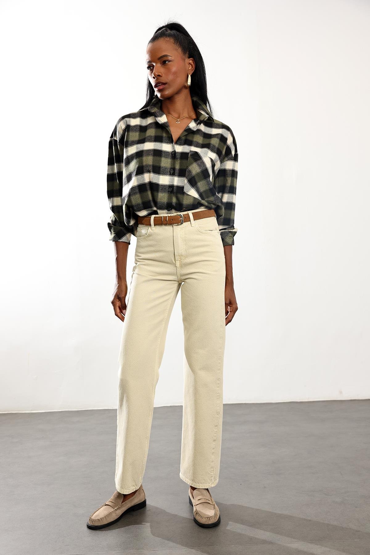 Kemik Yüksek Bel Straight Jean 