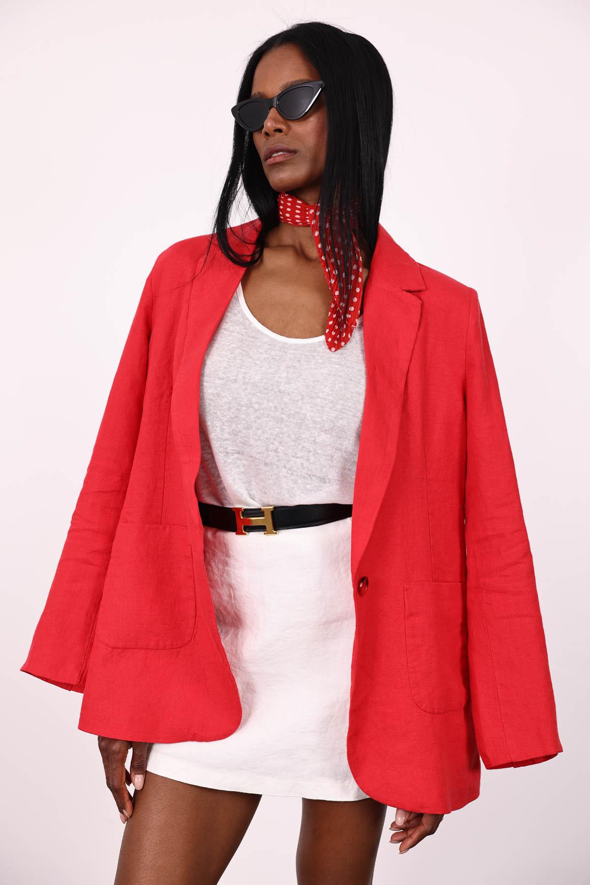 Kırmızı %100 Ham Keten Ceket 