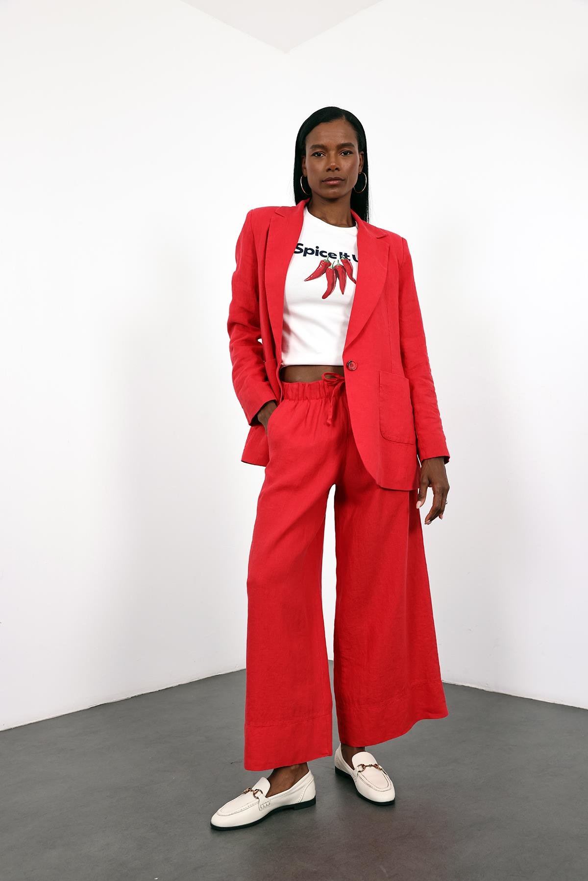 Kırmızı %100 Keten Beli Lastikli Pantolon 