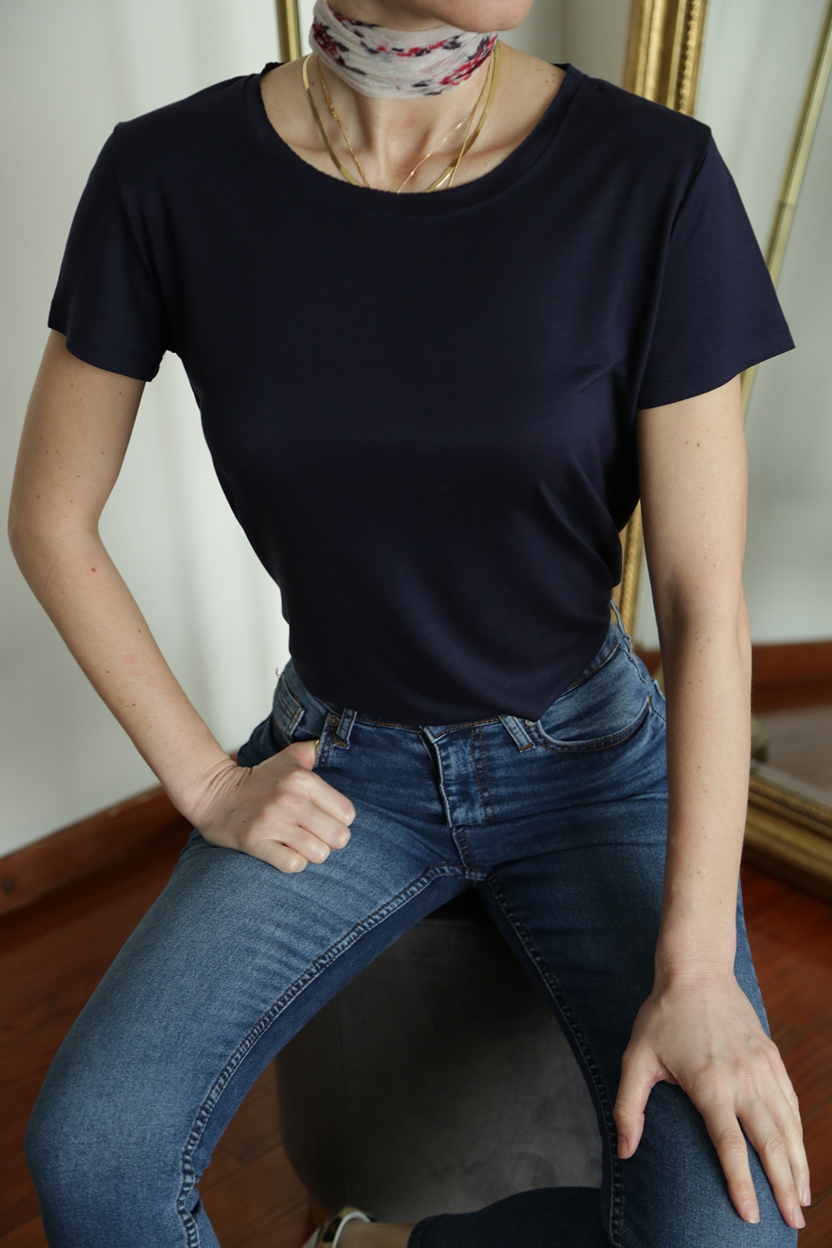 Koyu Lacivert Bisiklet Yaka Merserize Salaş Tshirt 
