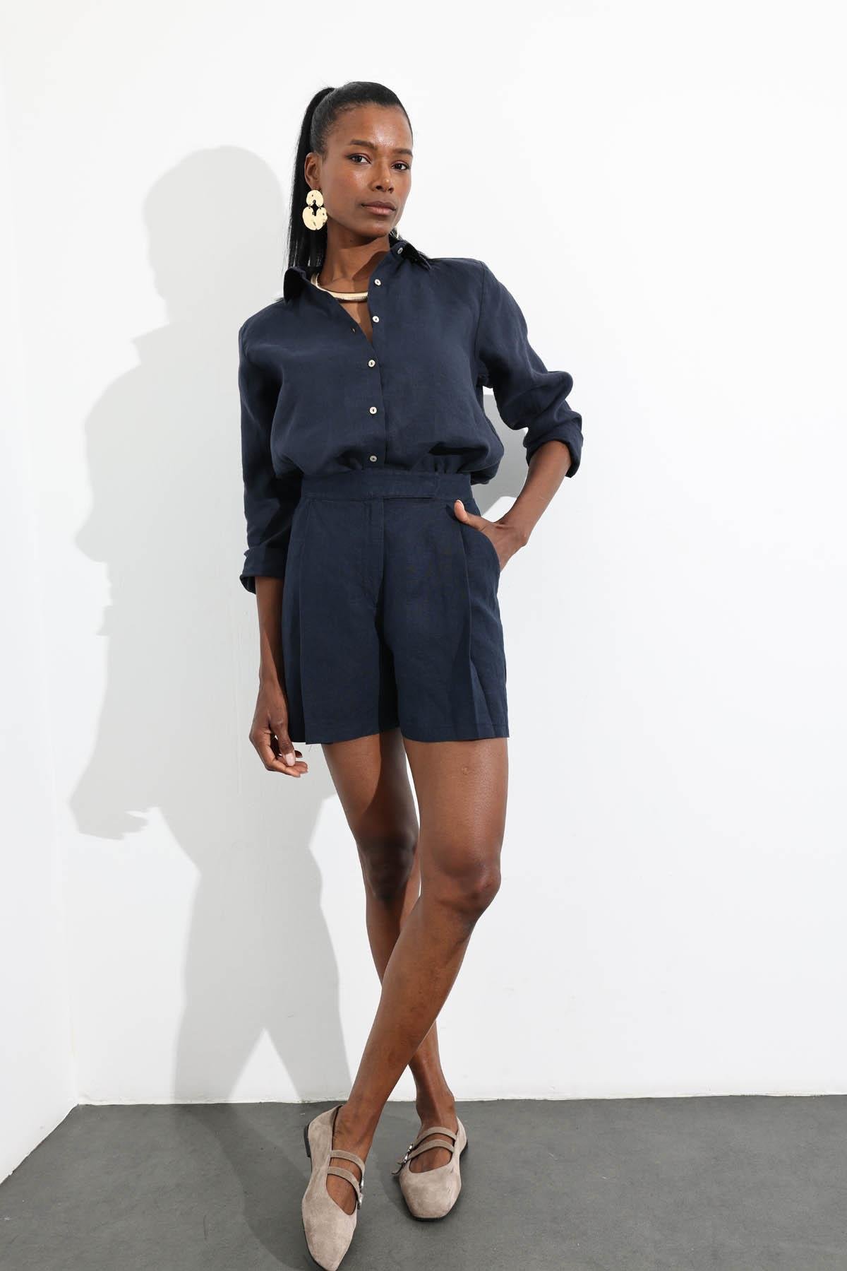 Lacivert %100 Keten Klasik Şort 