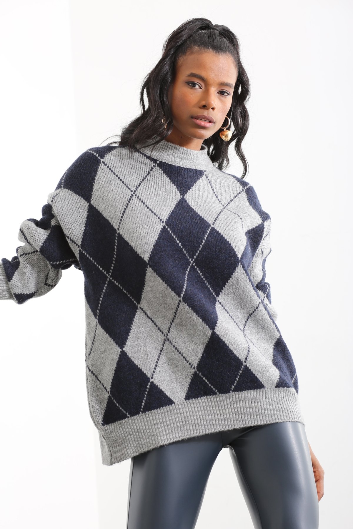 Lacivert Bisiklet Yaka Baklava Desenli Kazak 0593