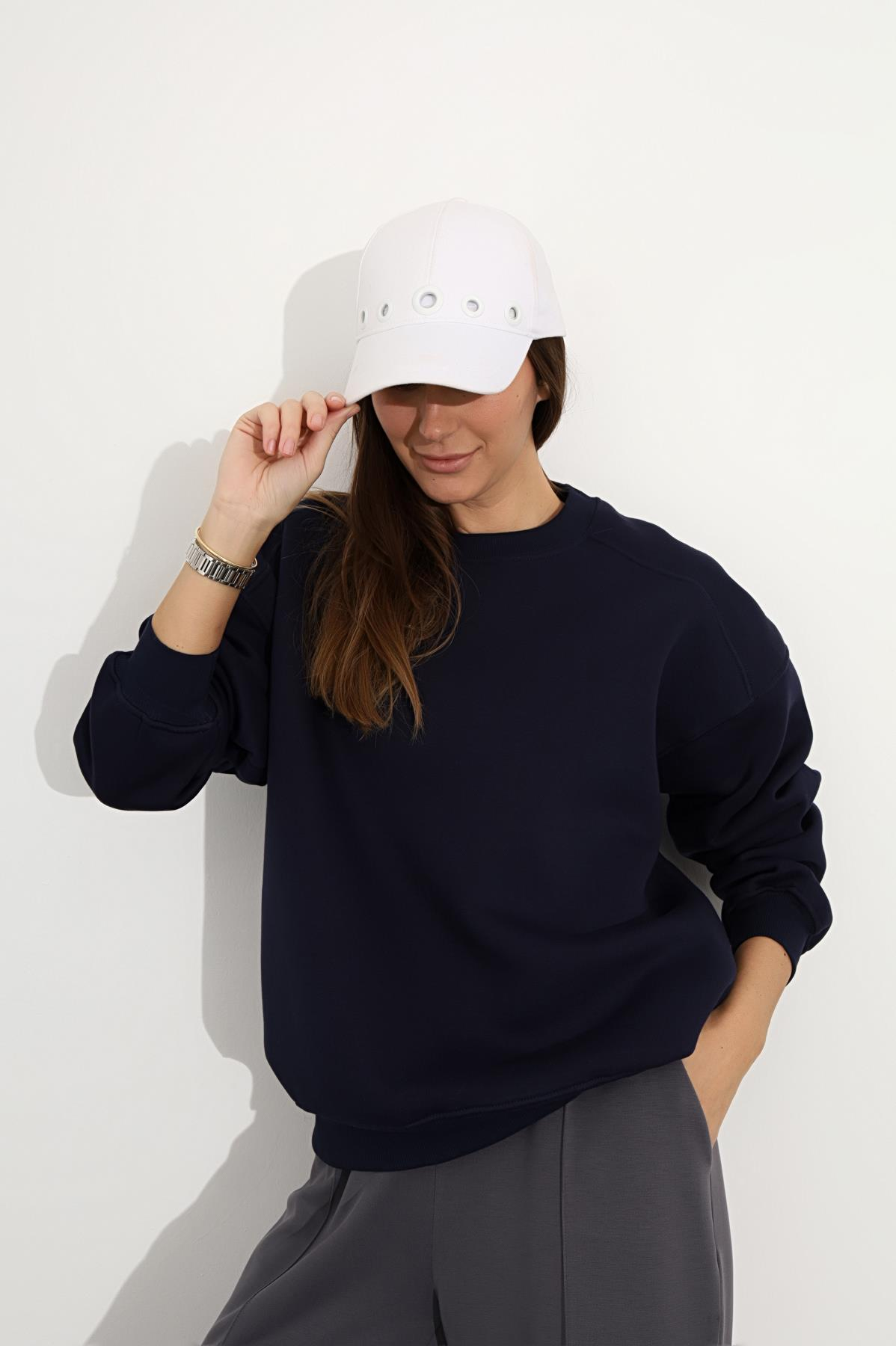 Lacivert Bisiklet Yaka Basic Sweatshirt 3408-23