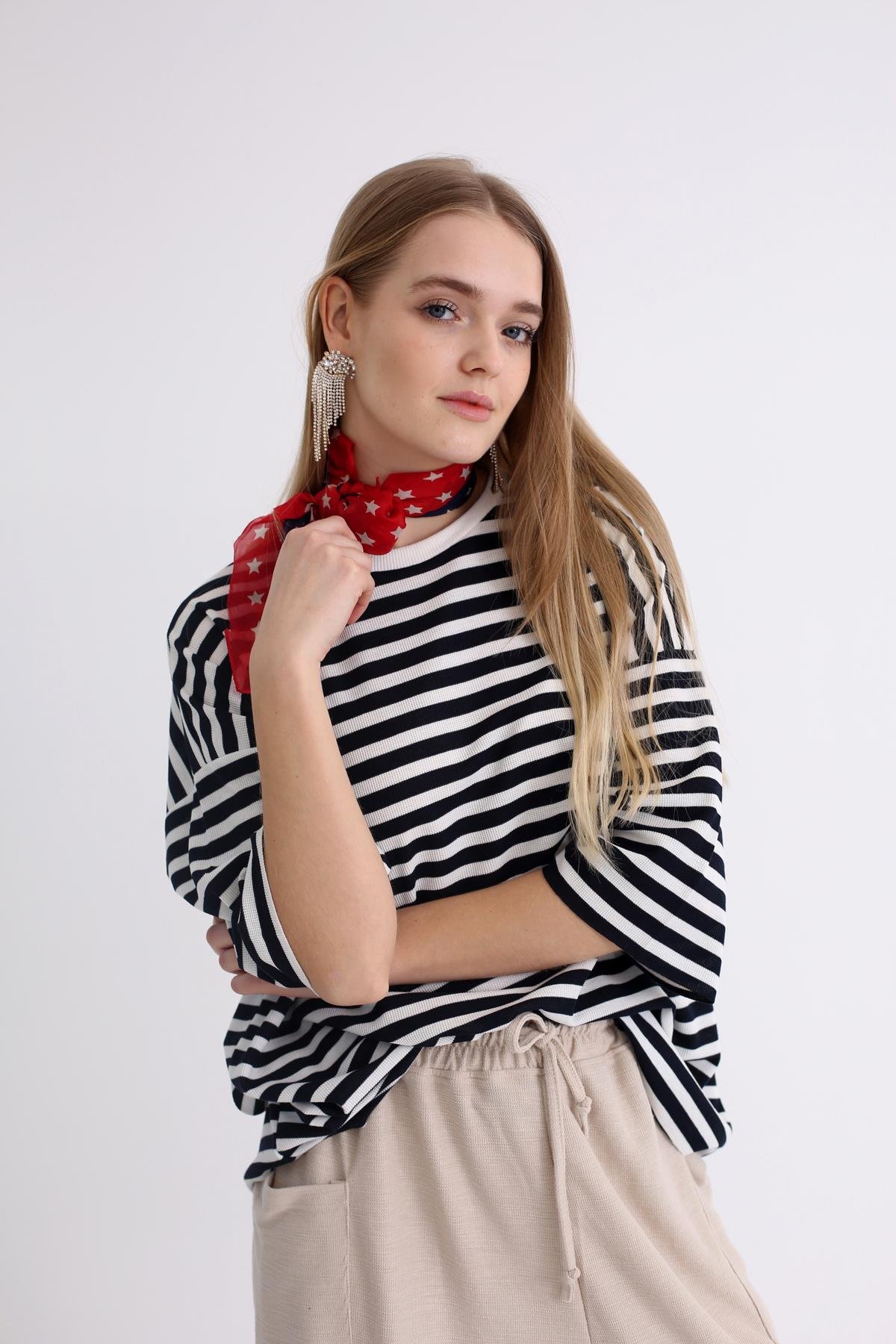 Lacivert Çizgili Oversize Tshirt 1229