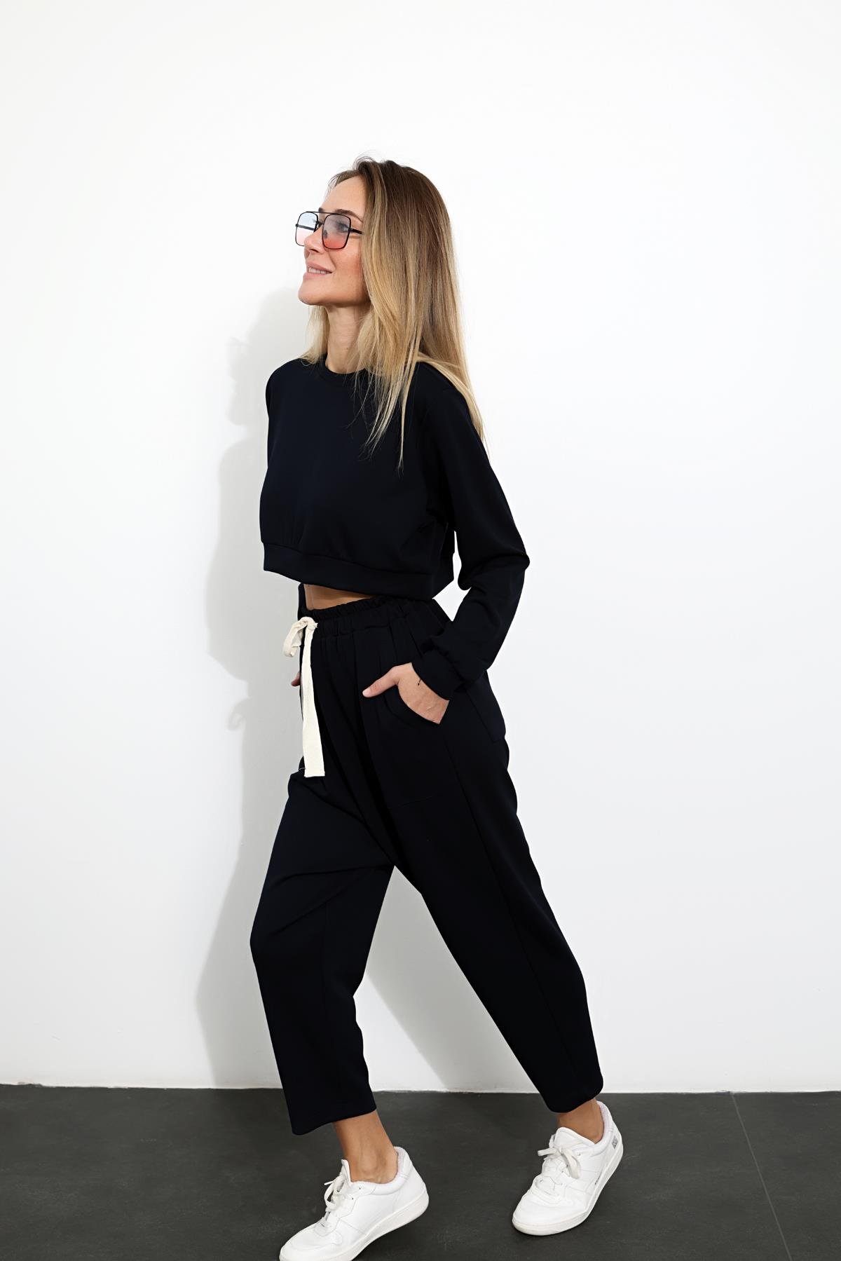 Lacivert Crop Sweatshirt Eşofman Takım 1238