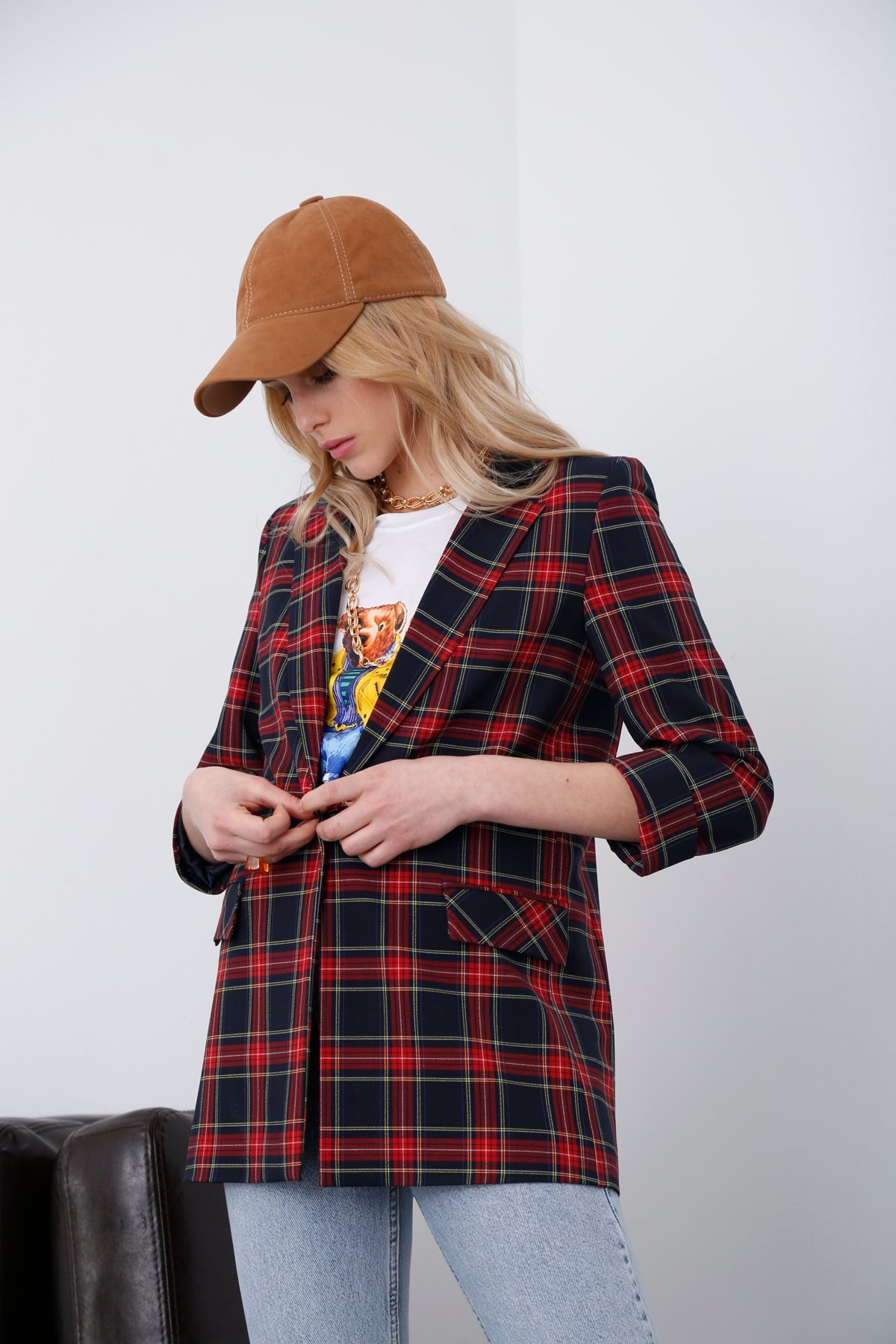Lacivert Ekoseli Blazer Ceket 4176