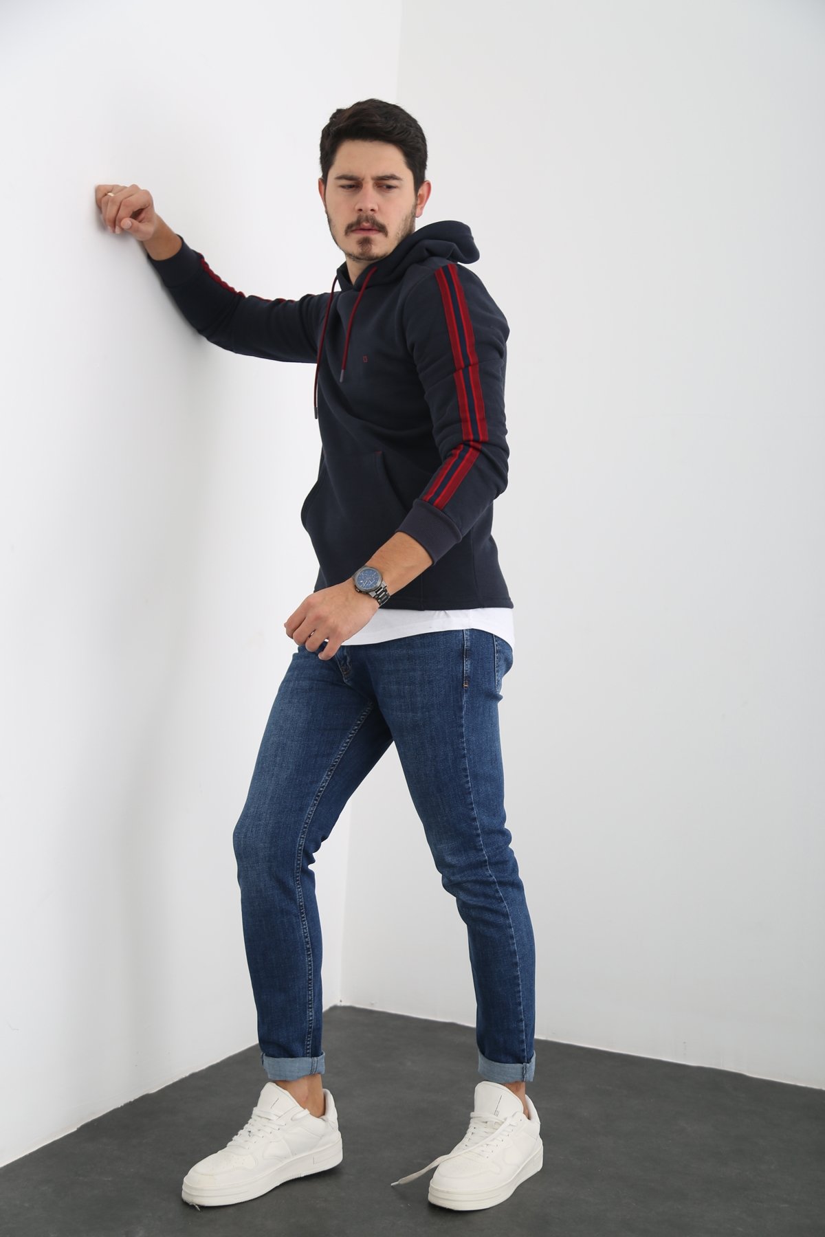 Lacivert Erkek Şerit Detaylı Şardonlu Sweatshirt 2117
