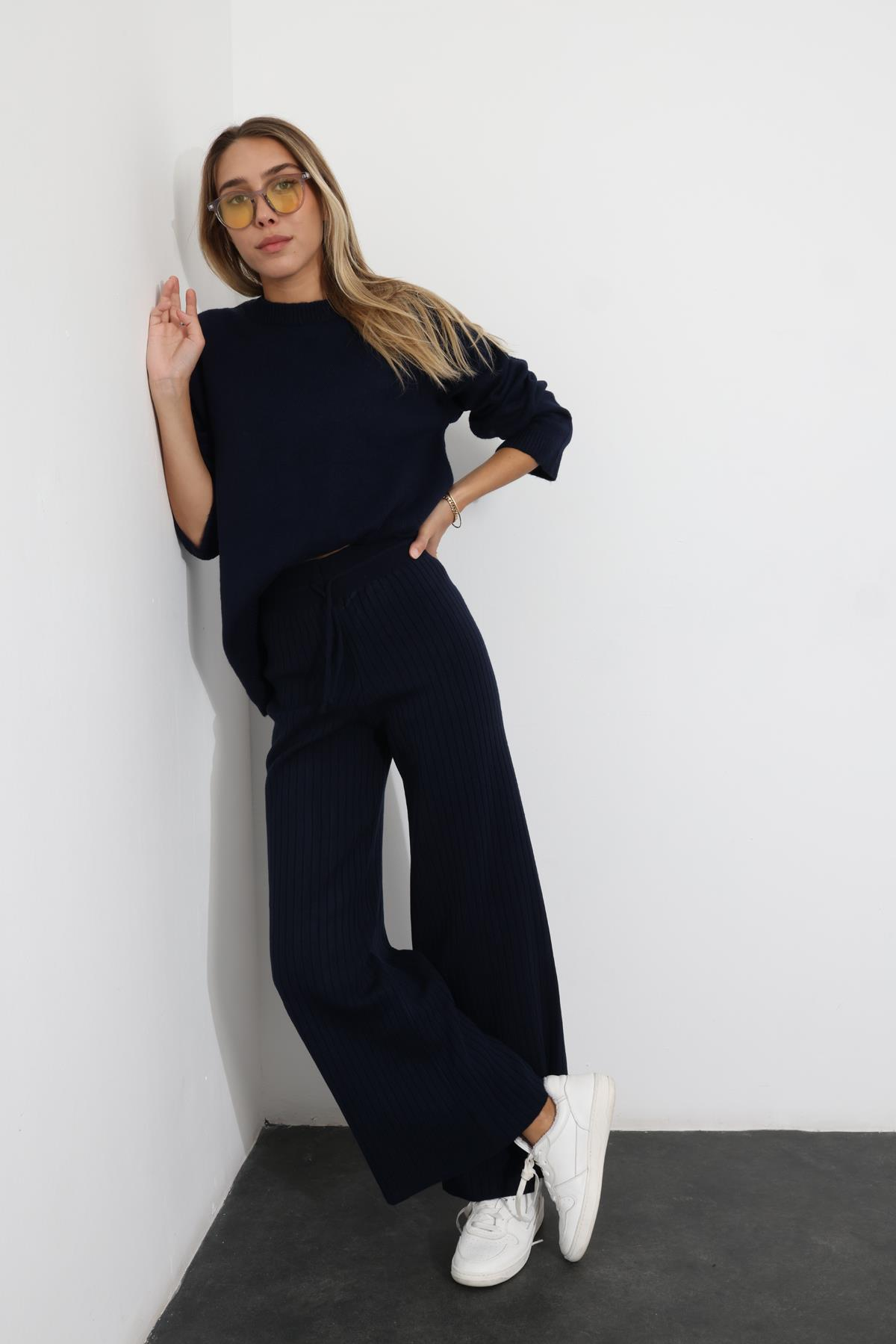 Lacivert Fitilli Triko Pantolon 8008