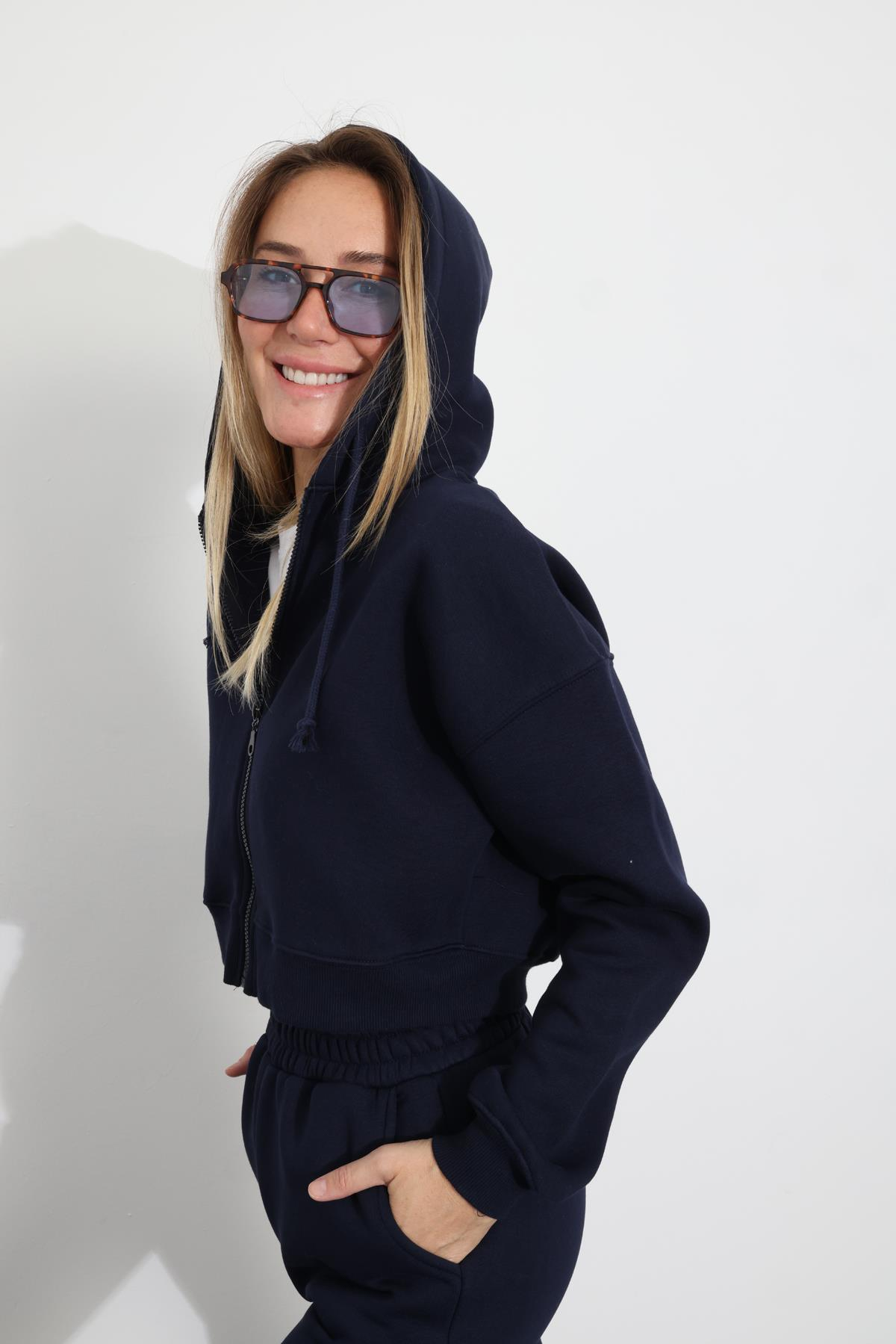 Lacivert Kapüşonlu Fermuarlı Sweatshirt 3717