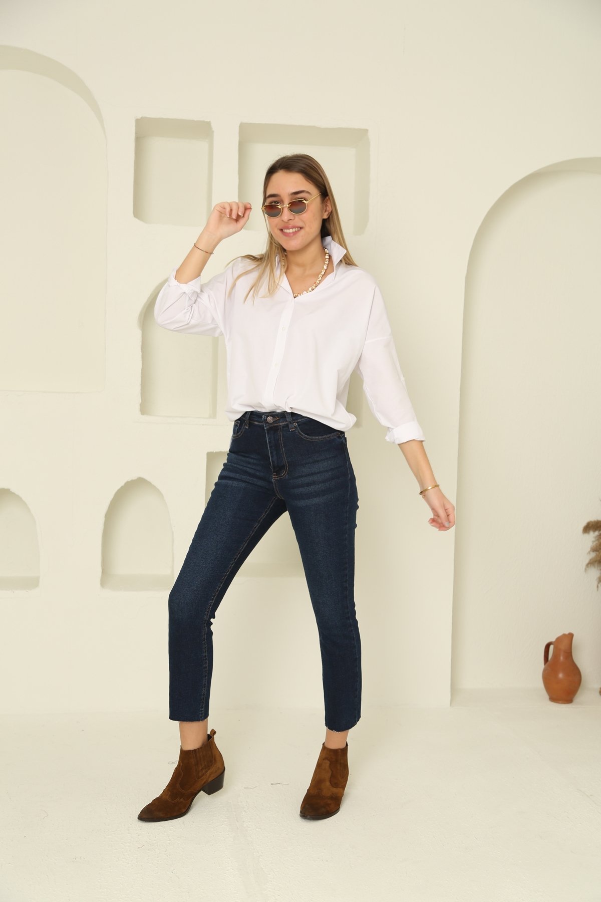 Lacivert Kesik Paça Boyfit Jean Pantolon 