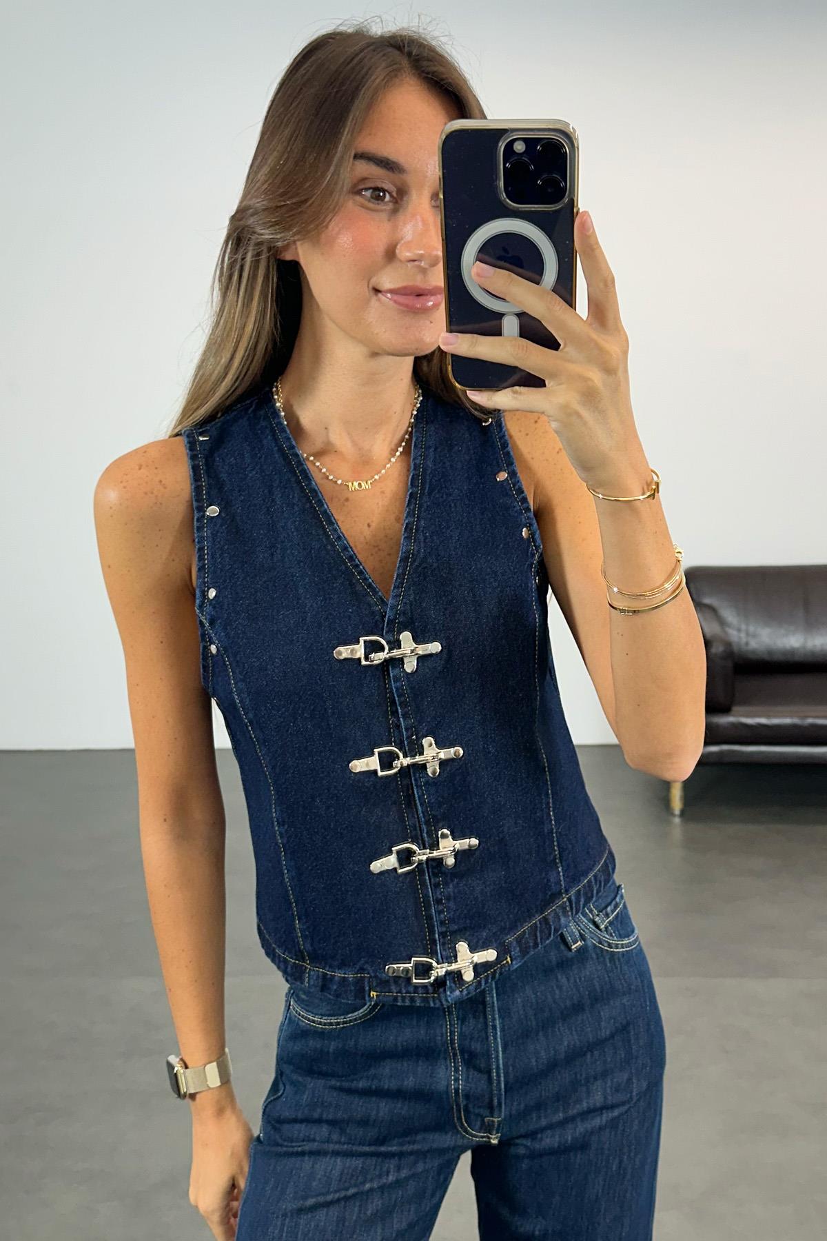 Lacivert Klips Detaylı Denim Yelek 0168