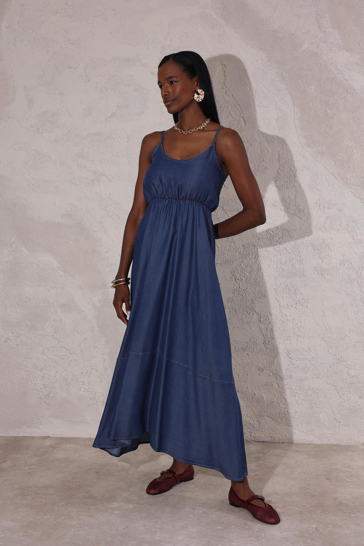 Lacivert Lastikli Tencel Kot Elbise 929