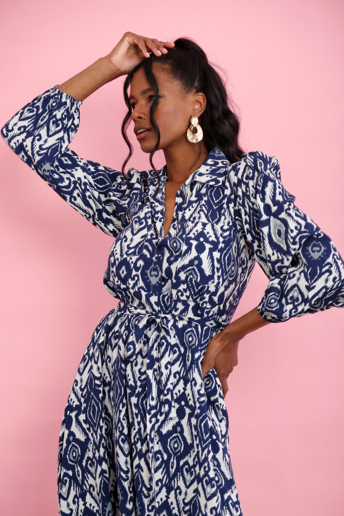 Lacivert Retro Desen Gömlek Elbise 12049