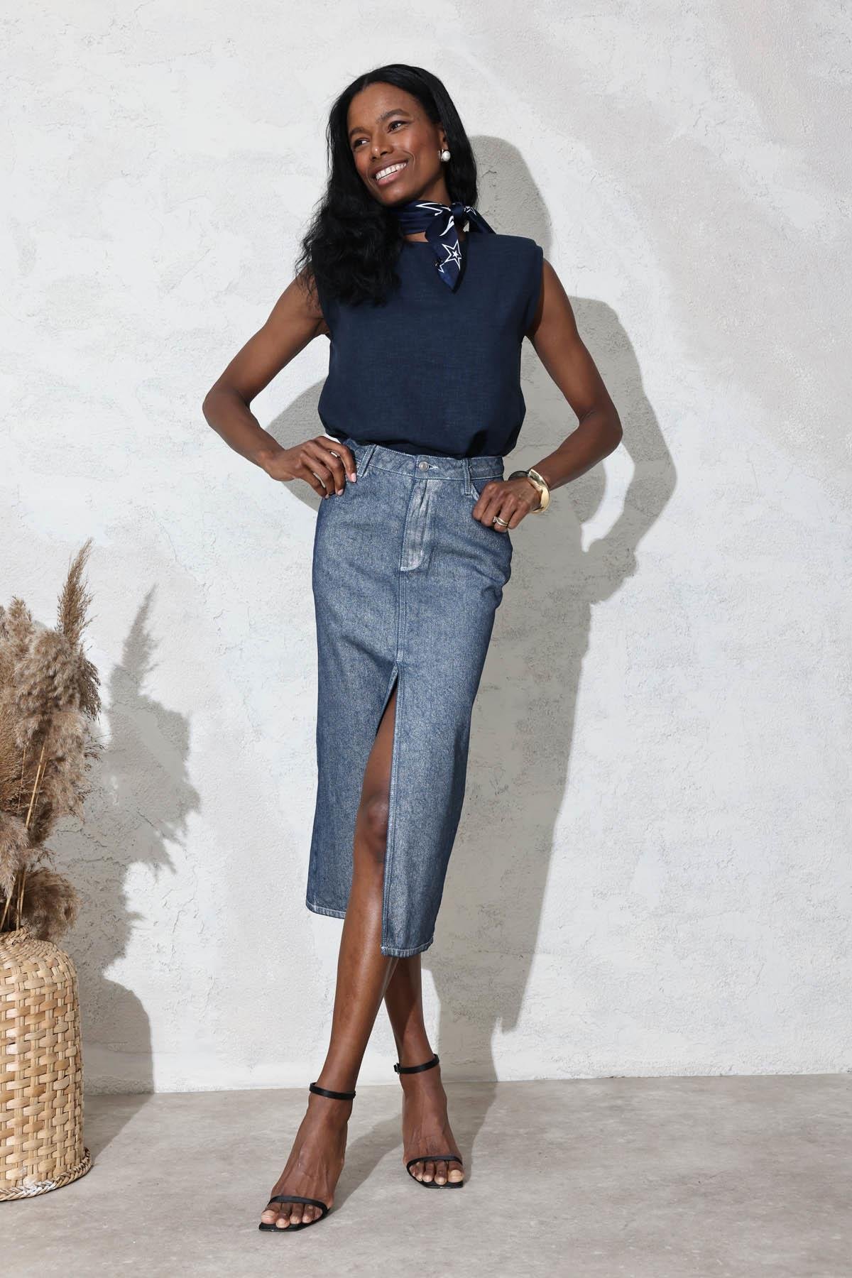 Lacivert Sim Detaylı Yırtmaçlı Denim Etek 767