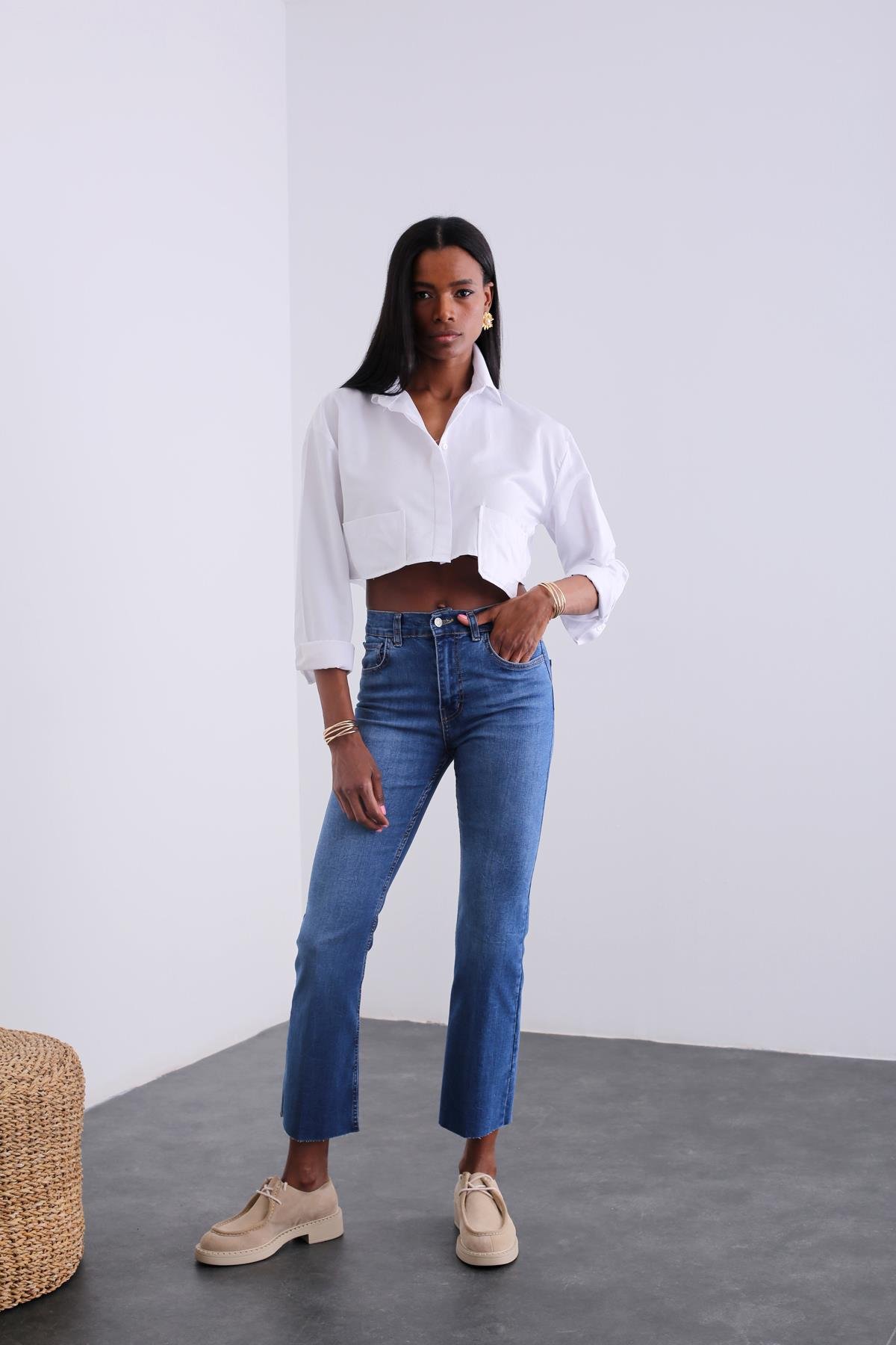 Lacivert Ultra Yüksek Bel Kesik Paça Jean 228125