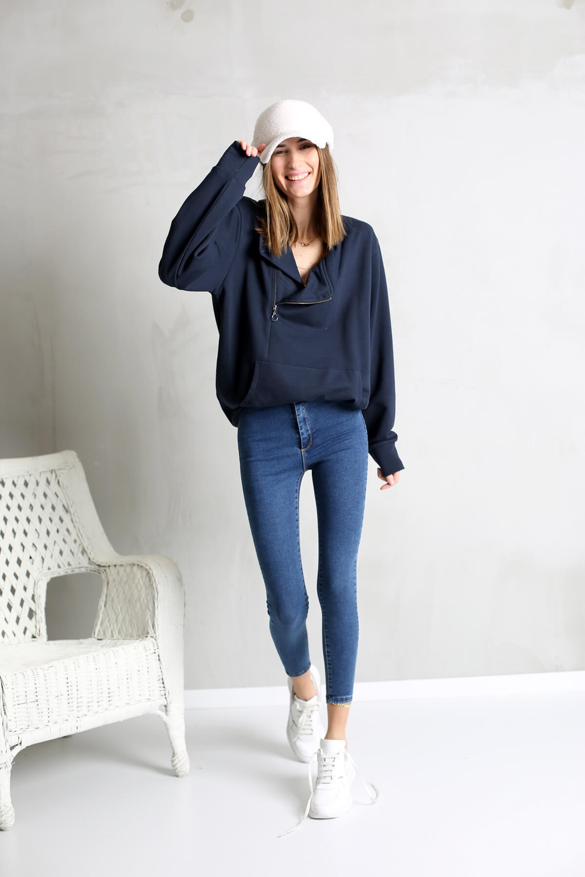 Lacivert V Yaka Fermuarlı Sweatshirt-9004 