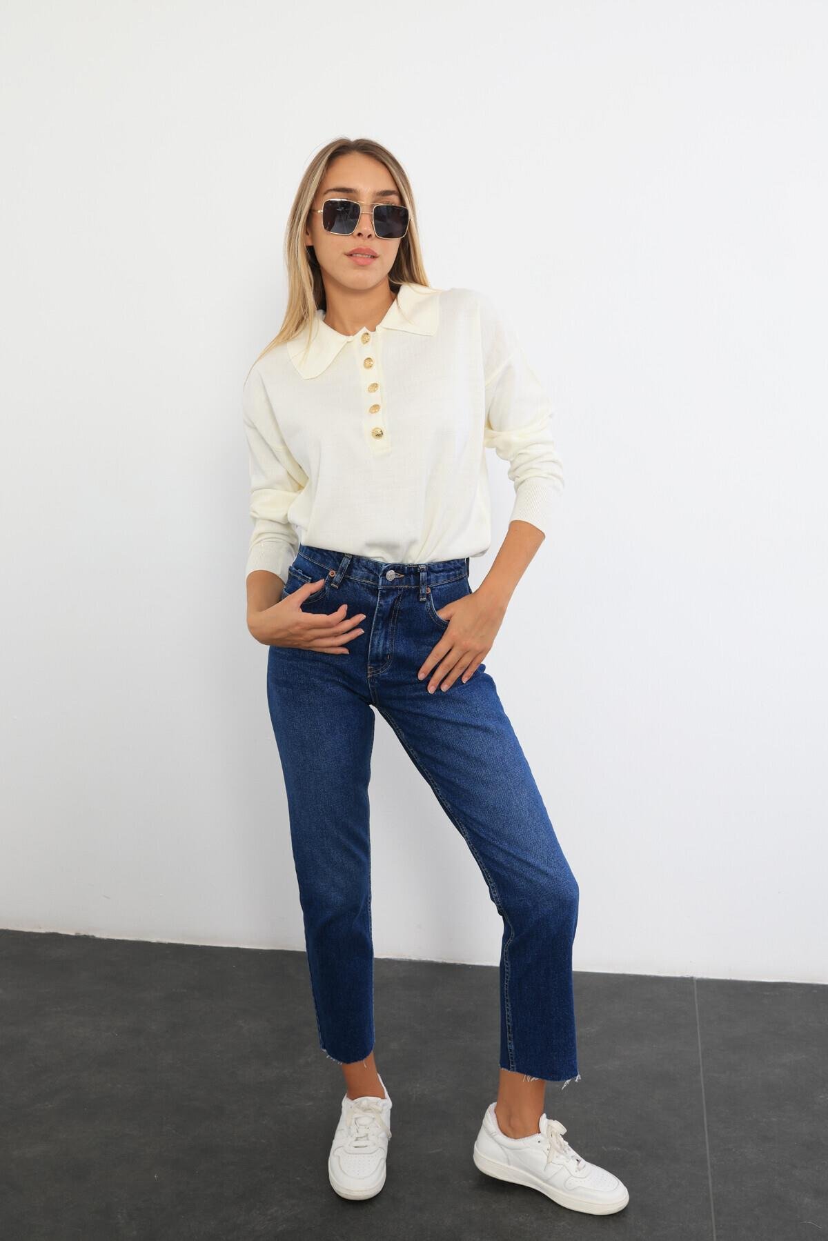 Lacivert Yüksek Bel Cropped Jean 487