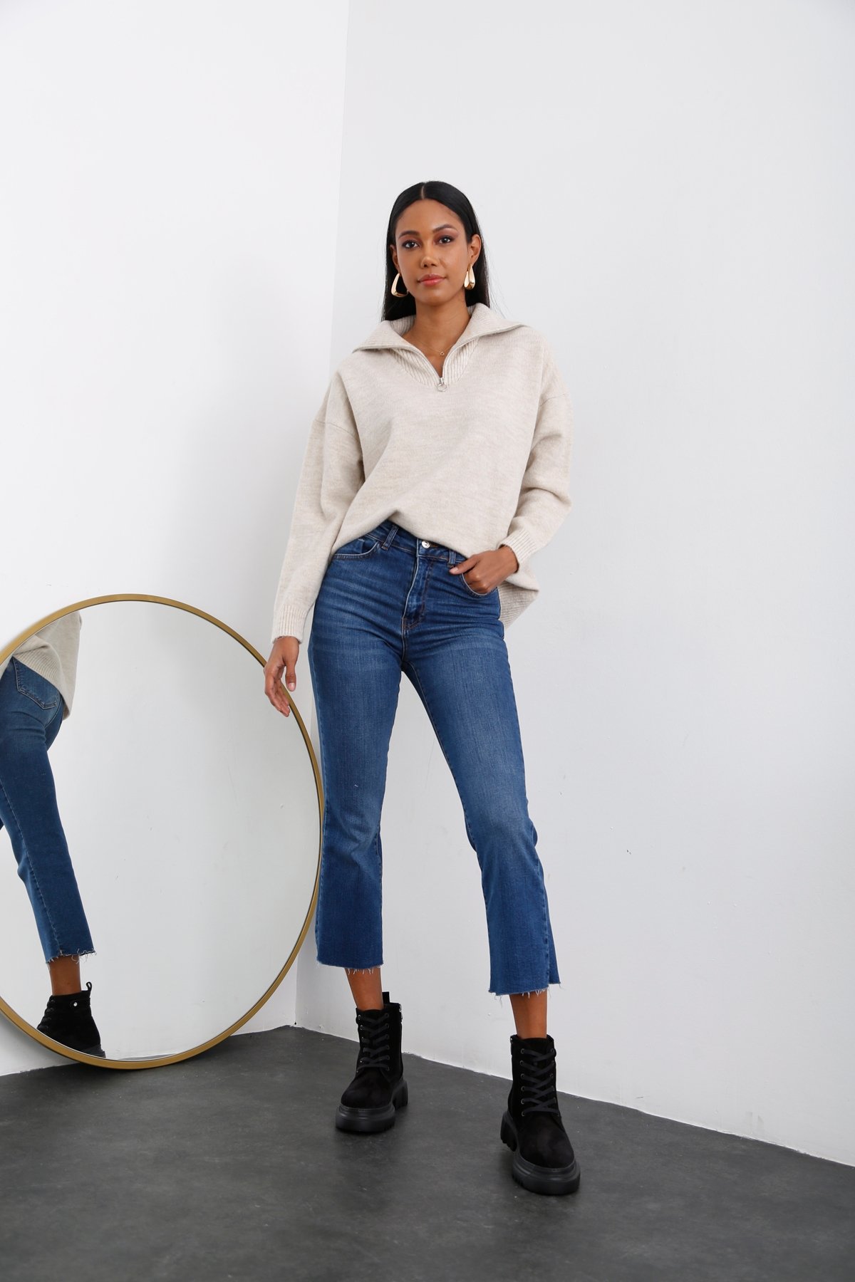 Lacivert Yüksek Bel Slim Flare Jean 929