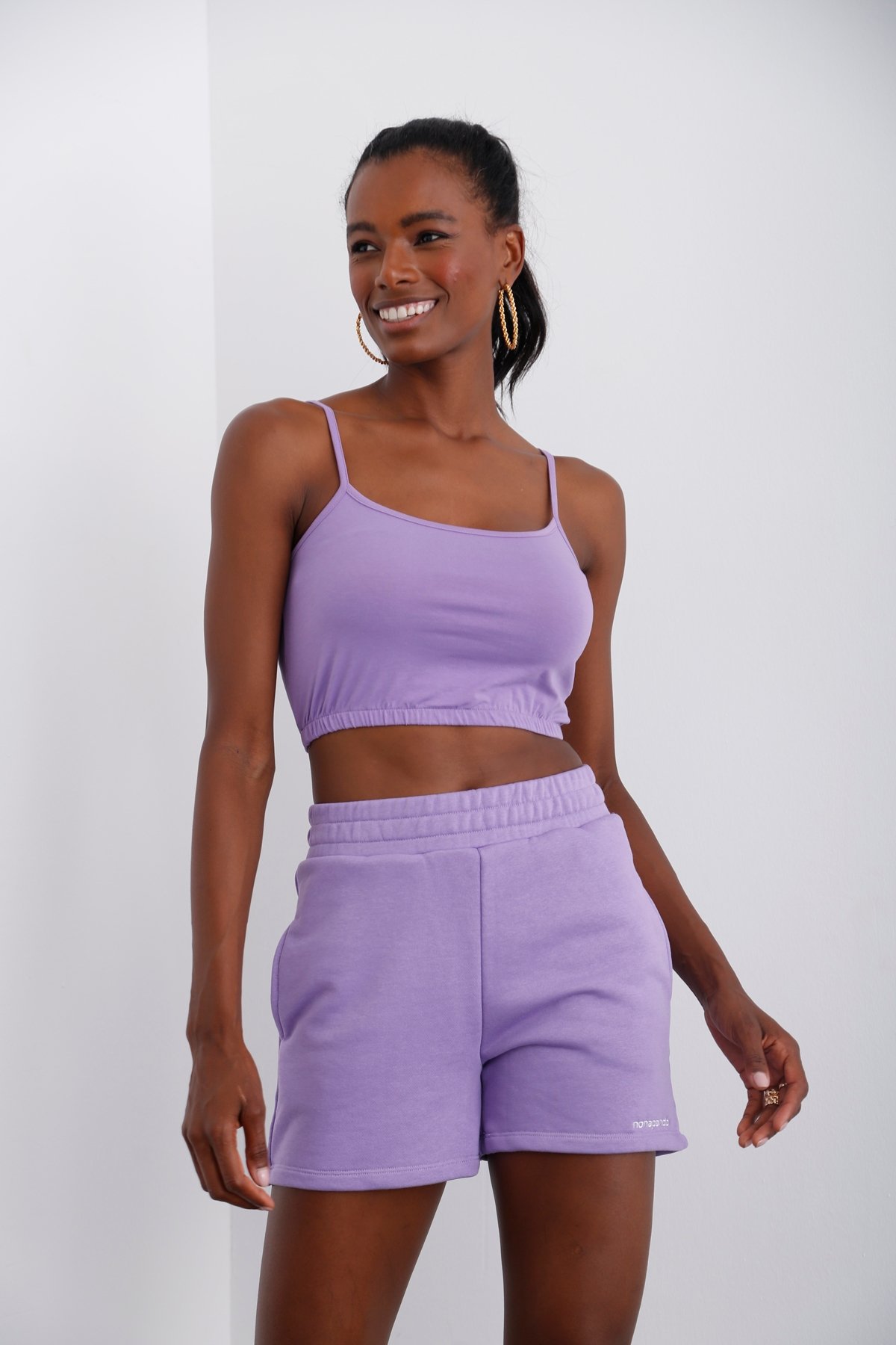 Lila Beli Lastikli Crop 