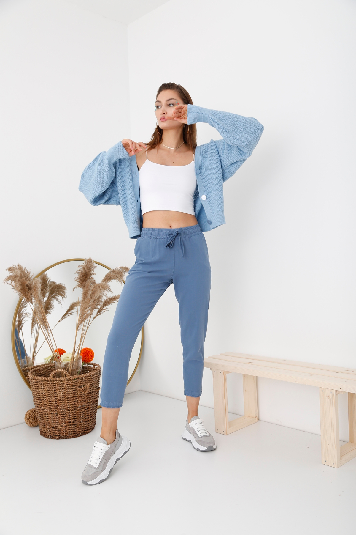 Mavi Beli Lastikli Gabardin Pantolon 00104