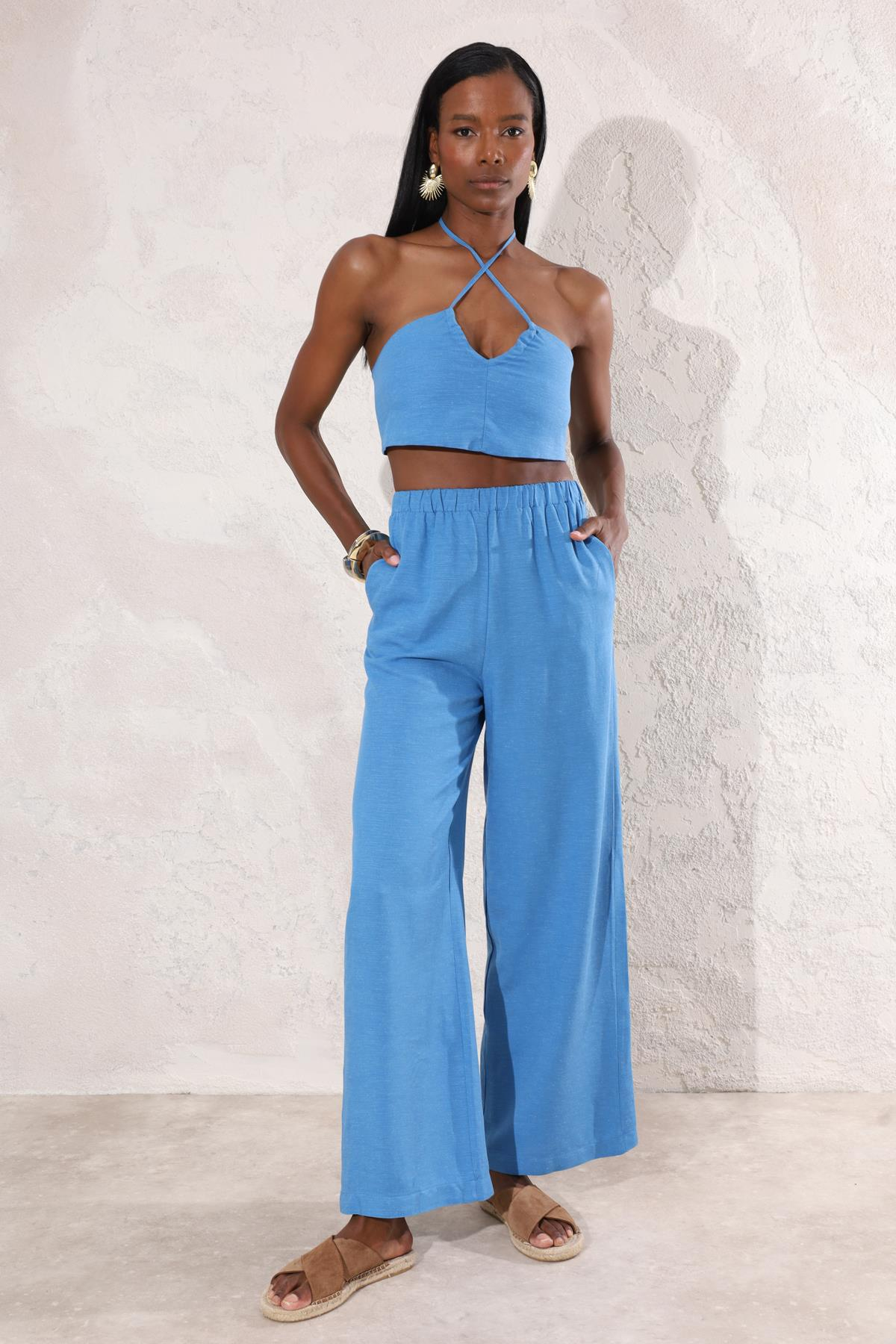 Mavi Boyundan Bağlamalı Crop Pantolon Takım 1238