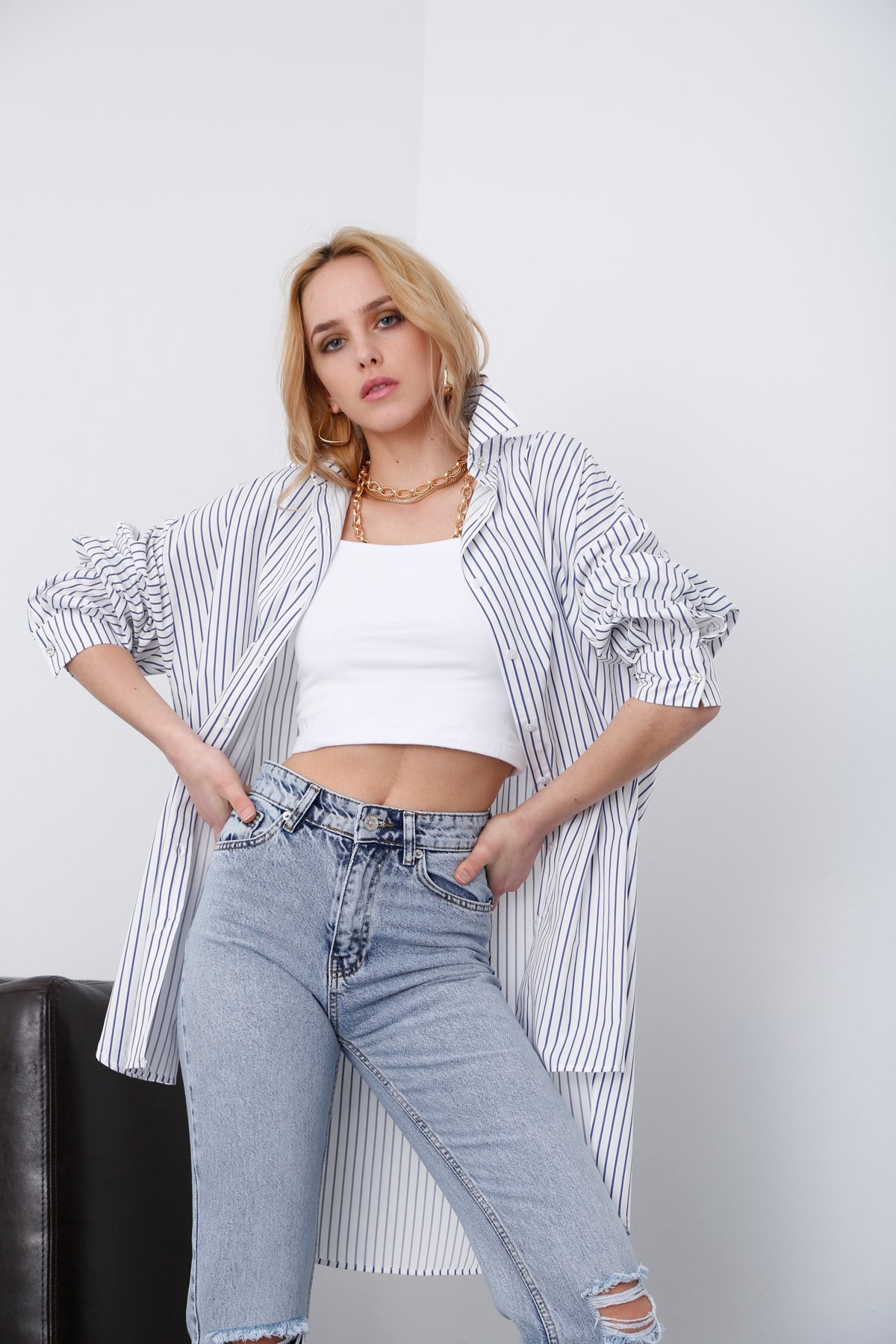 Mavi Oversize Çizgili Gömlek 