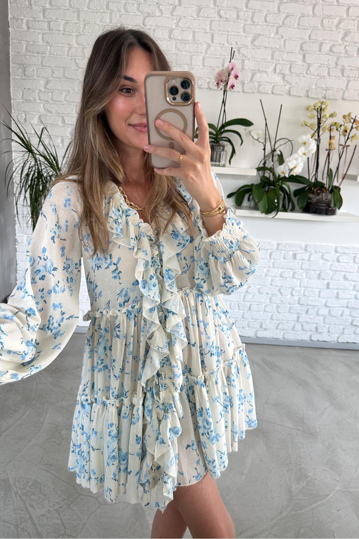 Mavi V Yaka Önü Fırfırlı Elbise 