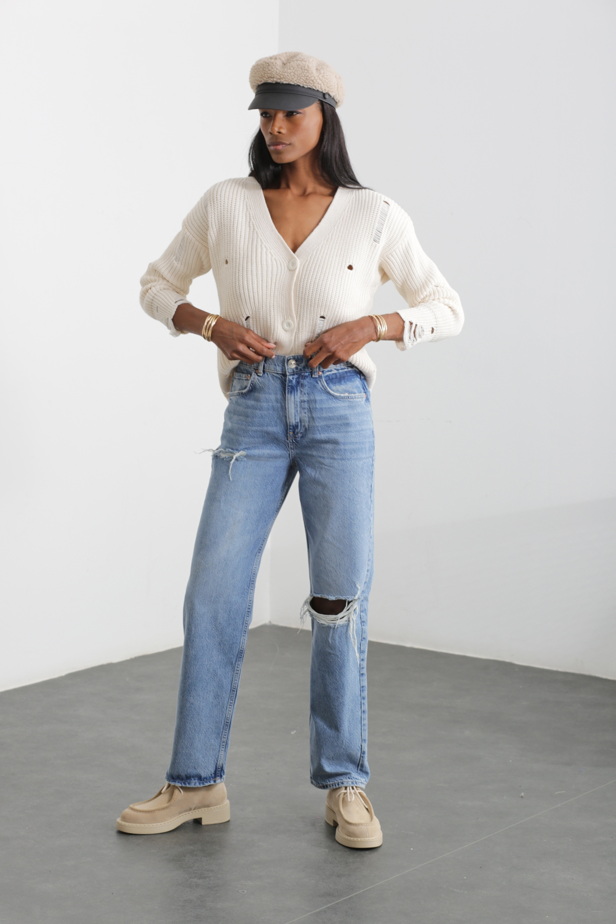 Mavi Yırtık Detay Wide Leg Jean 40