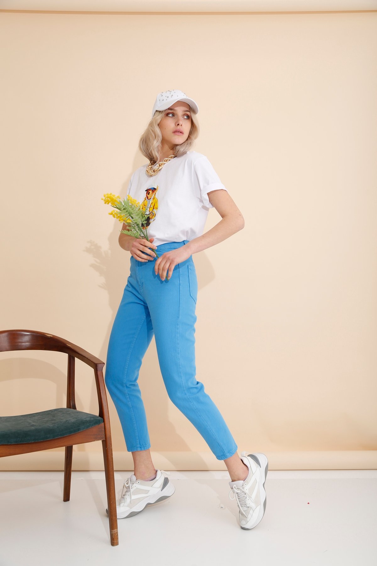 Mavi Yüksek Bel Mom Jean 8102