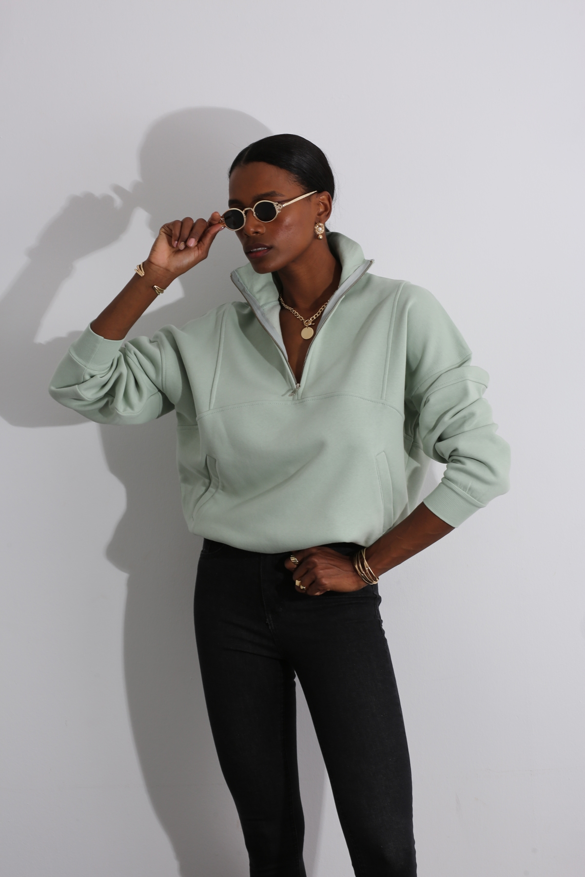 Mint Yarım Fermuarlı Sweatshirt 