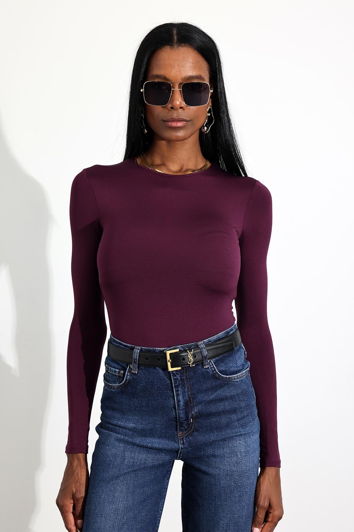 Mor Uzun Kollu Bodysuit 