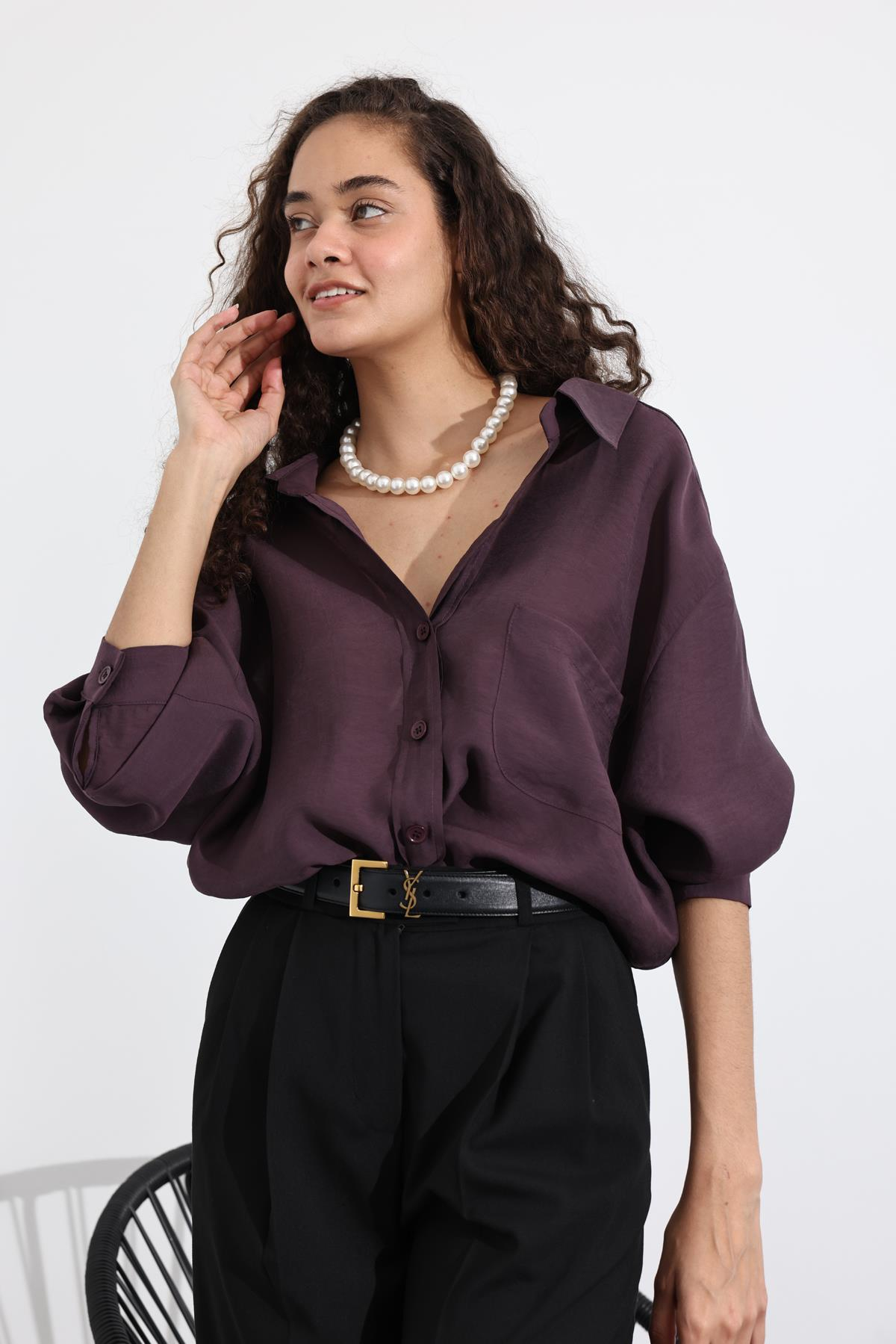 Mürdüm Tek Cepli Oversize Gömlek 4612